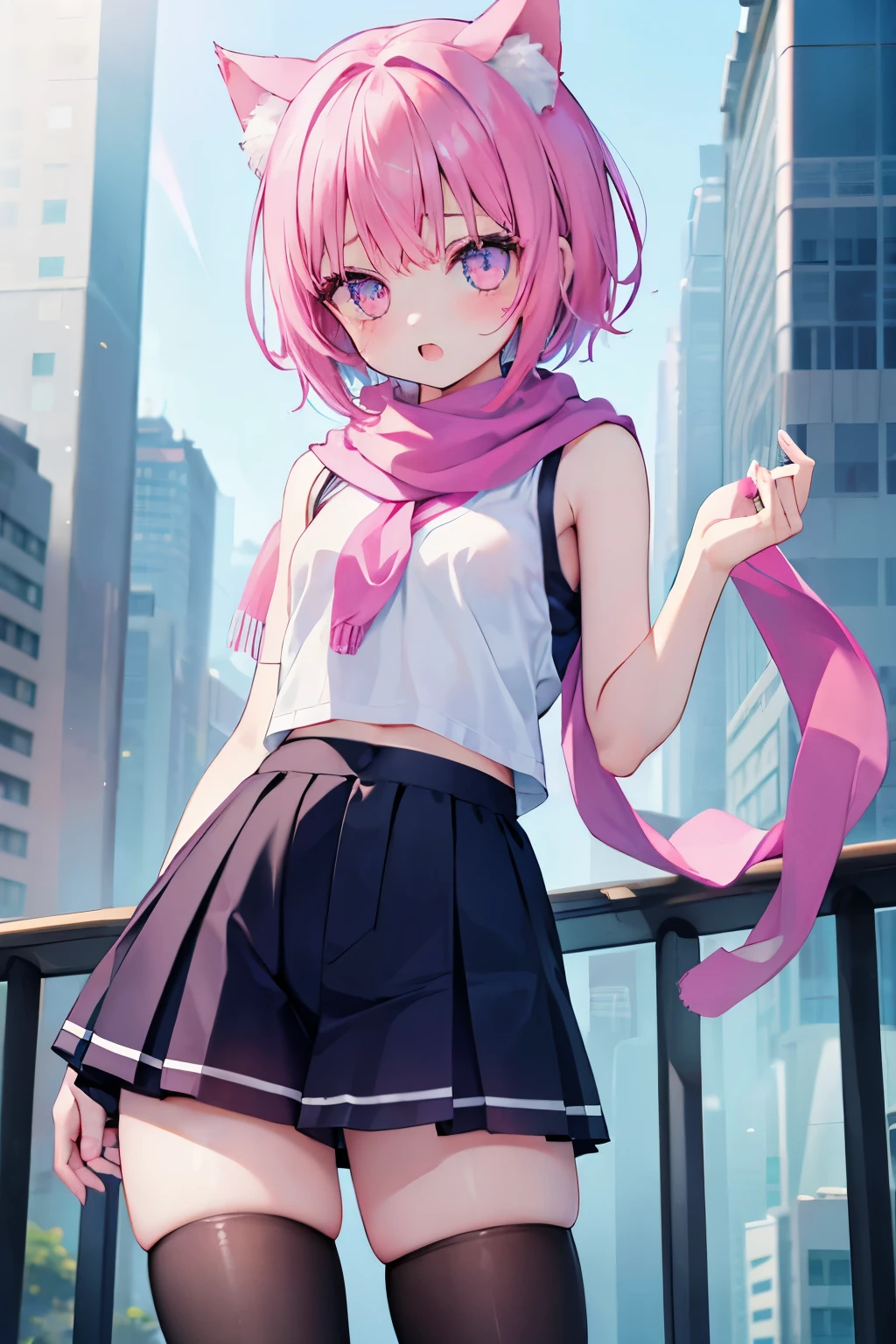 Very beautiful and shining eyes、shining eyes、1 girl、small breasts、big mouth、high school girl、small breasts、Cat ear、Transparent pink short hair、scarf、hot pants、Near future、neon、