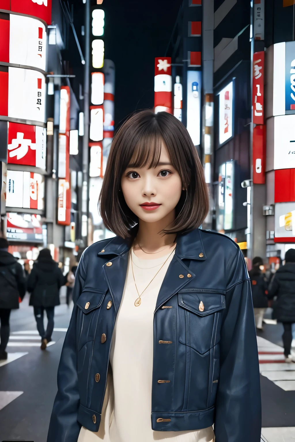 (((night:1.3, Tokyo, Photographed from the front))), ((medium bob:1.3, blue jacket:1.2, japanese woman, cute)), (clean, natural makeup), (highest quality, masterpiece:1.3, 超High resolution), (Super detailed, caustics), (realistic:1.4, RAW shooting), very detailed, High resolution, 16K resolution