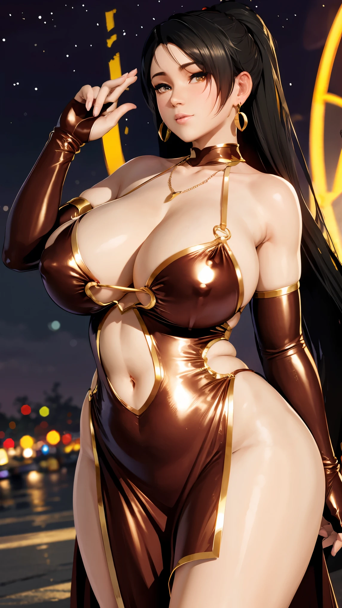 momiji, ultra realistic 8k cg, flawless, masterpiece, solo, 1girl, casino, rich, night dress, cutout, necklace, earring, golden, face focus, gleaming skin, elbow gloves, cleavage, shiny dress, thicc, she has a jiggly fat round belly, bbw, skinny waist and thick hips, widest hips, her belly is fat and round, soft curvy shape, hyperrealistic full figure, wide hips