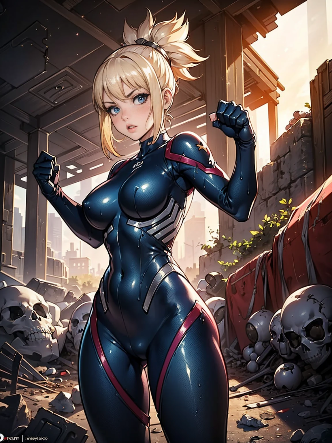 (((1woman, (solo, 1girl, alone), kohaku, blonde hair, blue eyes, tied hair), pink lipstick, Extremely detailed, ambient soft lighting, 4k, perfect eyes, a perfect face, perfect lighting, a 1girl)), austere, ((((Space Detective, woman, (female external skeleton), (red and black combat suit, fighting pose), wasteland, action scene, action pose, masterpiece, rich colors, Backlight, beautiful expression, fantasy art, character art, metallic red and silver combat suit)), wet body, standing, Beautiful))