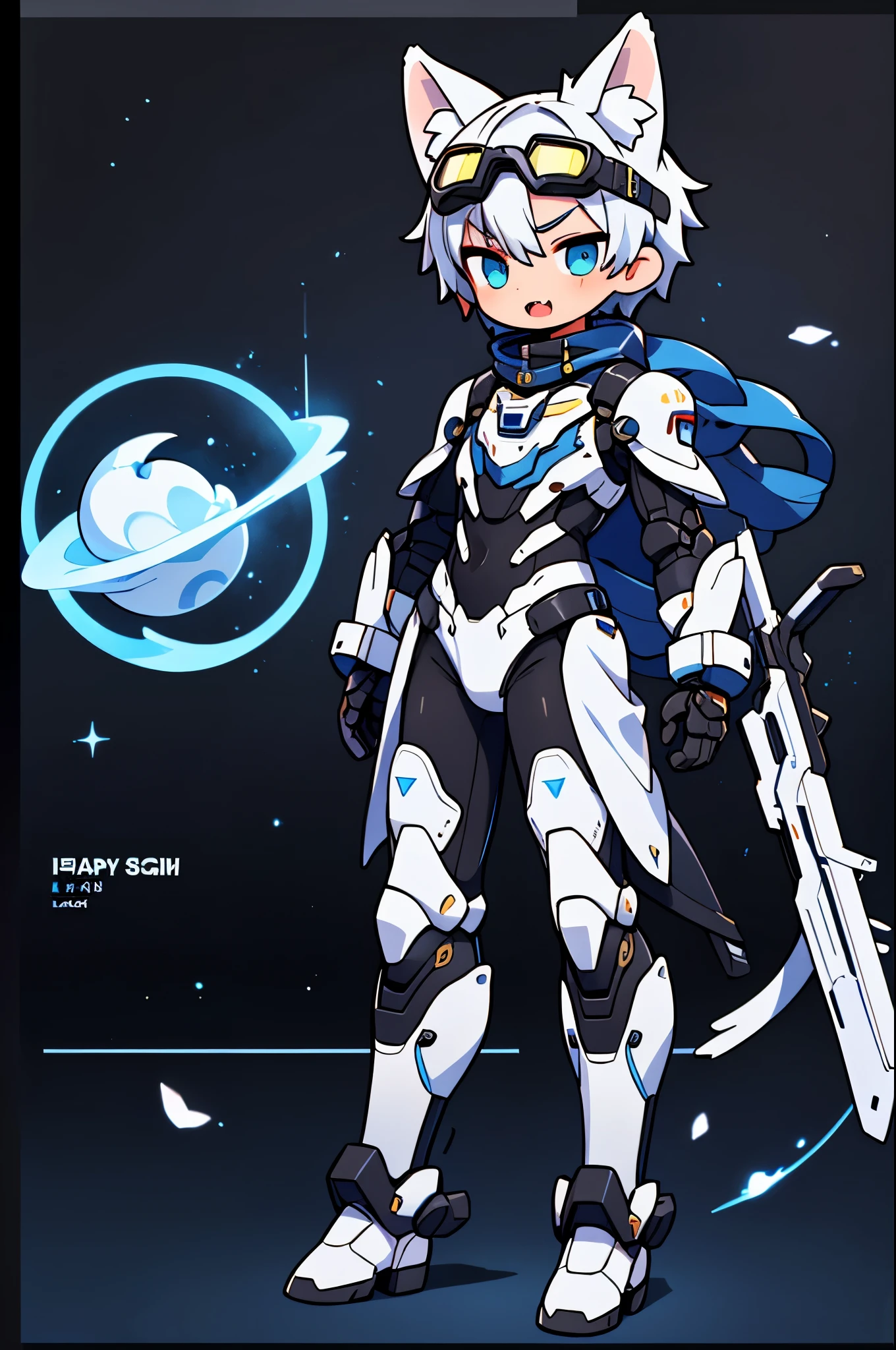 Game CG,4K quality,(( male boy)),Handsome face,silver hair,straight hair,sharp eyes,wolf ears,((blue goggles on head)) ,fangs, glad,full body portrait,(Wearing blue and white full-body mechanical armor),turtleneck bodysuit,Mecha gloves, white boots, Floating,outer space,Mechanical wreckage