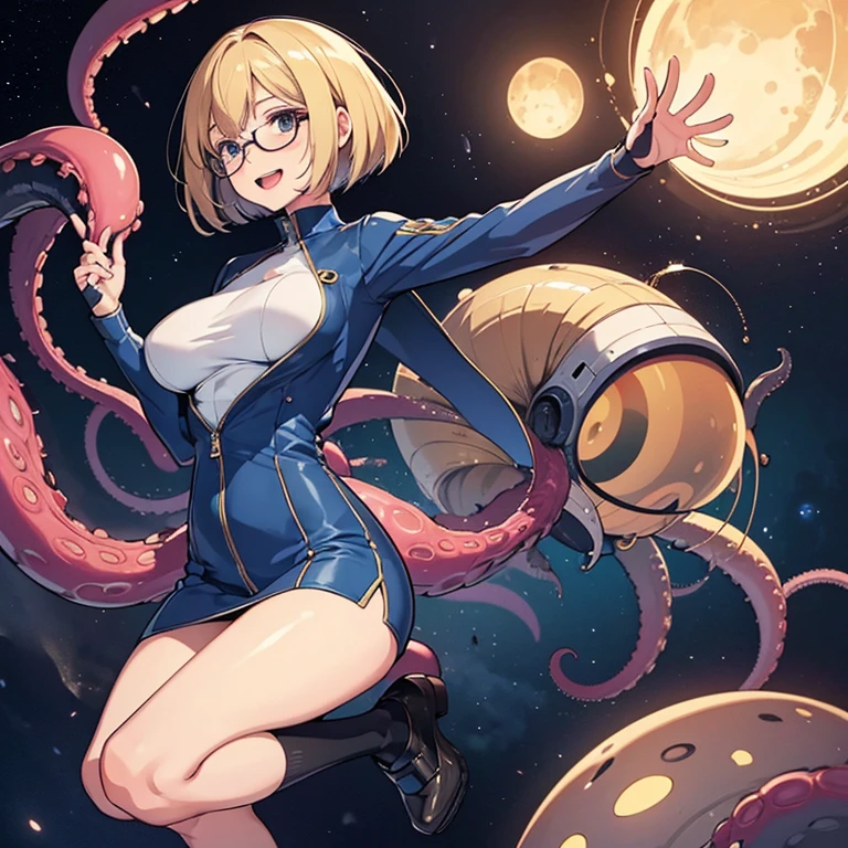 (masterpiece), best quality, expressive eyes, perfect face, ((1 mature woman, blond hair, short bob hair, glasses, azure pilot suit, pantiles, torn clothes)), large breast, large butt, ((alien tentacles, alien monsters, tentacle monsters, monstrous tentacles, defeated by tentacles, tentacles penetration, tentacles breast grab, restrained by tentacles, swarm tentacles gangbang, tentacles sucking, cum)), ((orgasm)), open mouth, look happy, shy,  blush, sweat, in the spaceship,