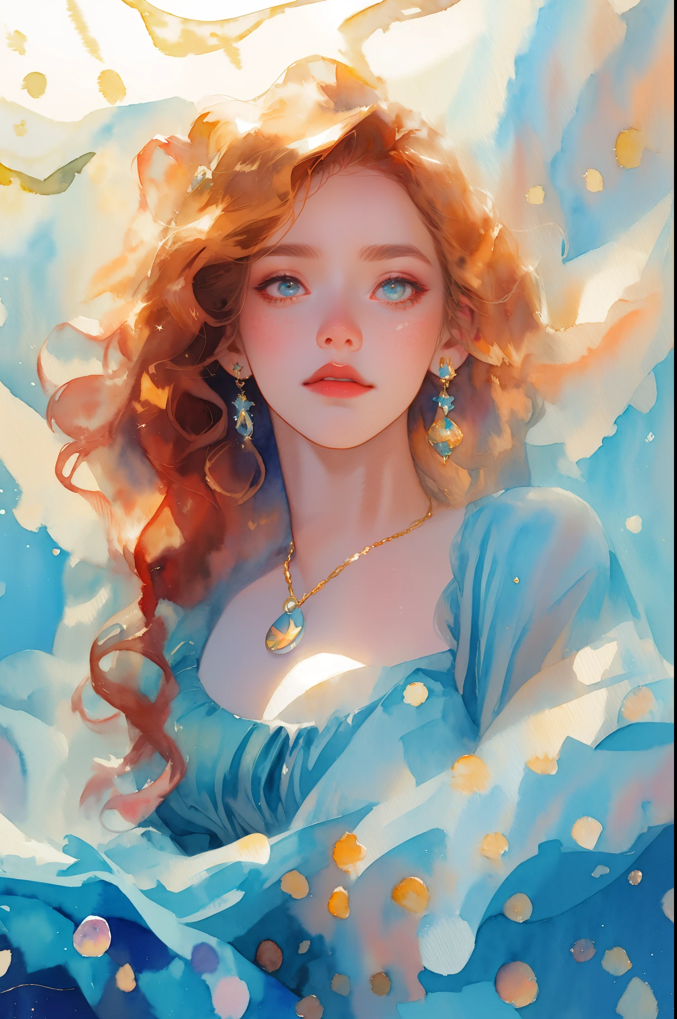 little mermaid), (best details), (best quality),(((watercolor ))),watercolor背景,galaxy,flying blue fabric,Golden necklace, flash, particle, wind, Golden bubbles, hair accessories, colorful hair, alone, jewelry, Starry Sky, Sky, Star, Milky Way, There was a young girl,little mermaid