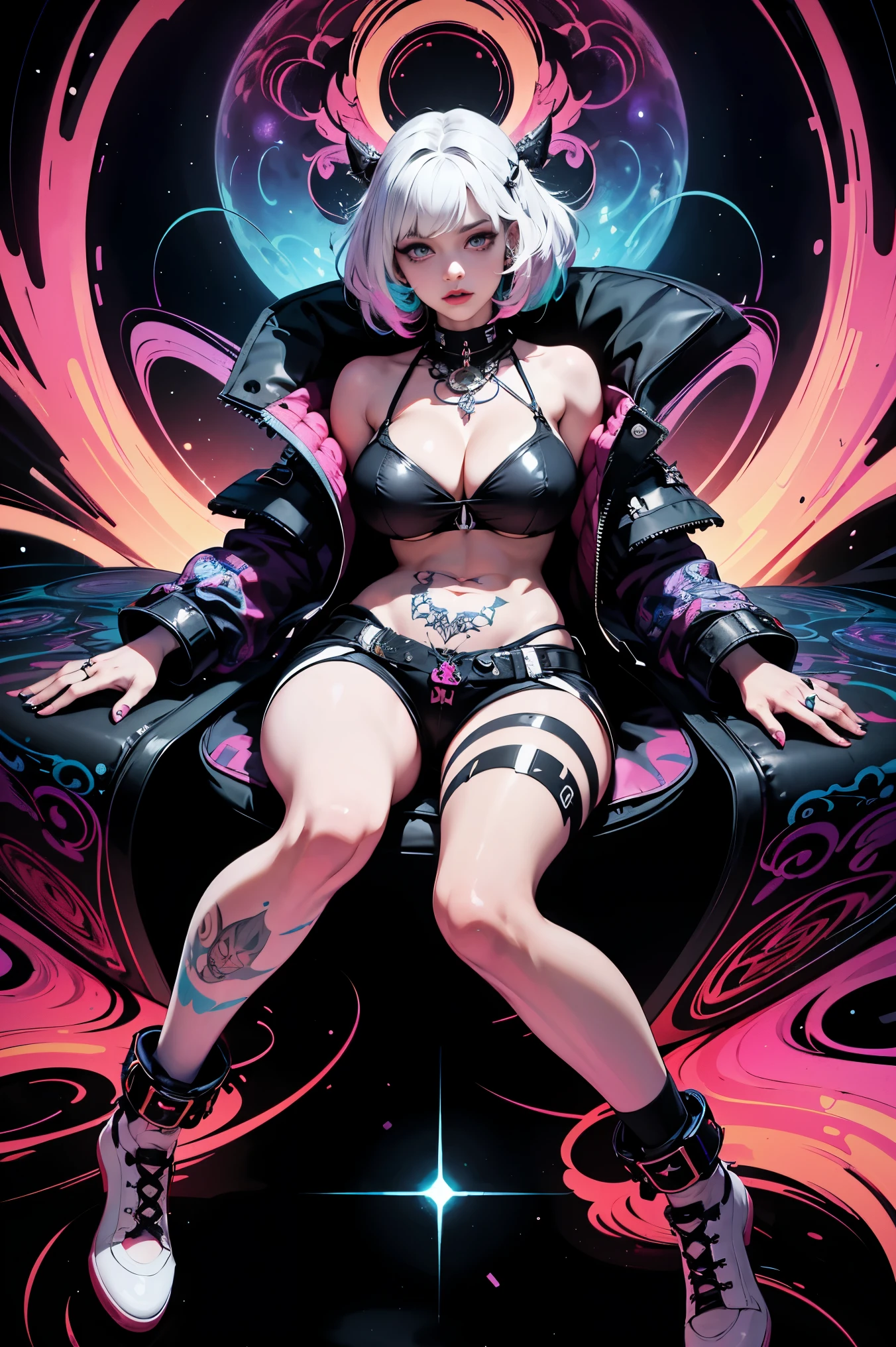 (masterpiece, top quality, best quality, official art, beautiful, cosmic, atmospheric, psychedelic, dreamlike and aesthetic, swirling psychedelic cosmic graffiti patterns:1.2), (1girl), extreme detailed,(fractal art:1.3),colorful,highest detailed, "(Best Quality, 8K, 32K, masutepiece:1.3), Ultra-detailed, (Photorealistic:1.4), pink and white colors, perfect color scheme, albino, Punk rock Girl, Detailed moonlight eyes, full body portrait, Luxurious neon white punk hair, Edgy Harajuku-inspired punk rock fashion, super huge enormously gigantic tits, cleavage showing, Avant-garde makeup, Numerous piercings, Heavily tattooed body, swirling psychedelic cosmic dreamlike graffiti pattern background