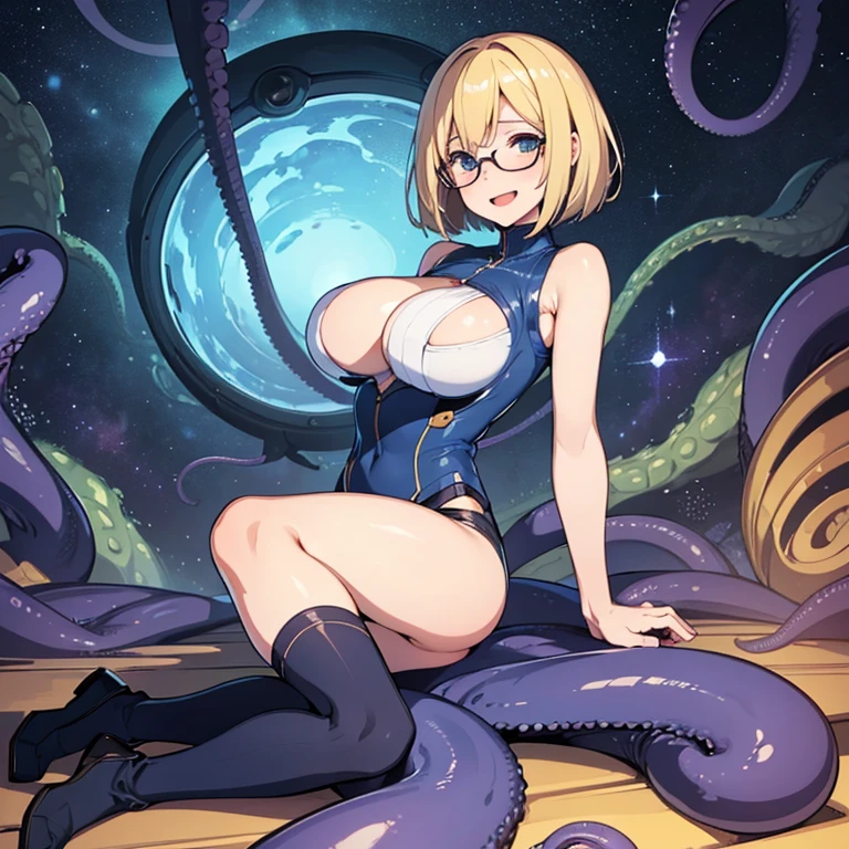 (masterpiece), best quality, expressive eyes, perfect face, ((solo, mature woman, full body, look smart, blond hair, short bob hair, glasses, azure pilot suit, high leg, over knee socks, large breast, large butt, look happy, relaxed expression, open mouth)), low view, ((aliens, alien monsters, tentacles, monstrous tentacles, swarming, surrounding)), in the spaceship, outer space,