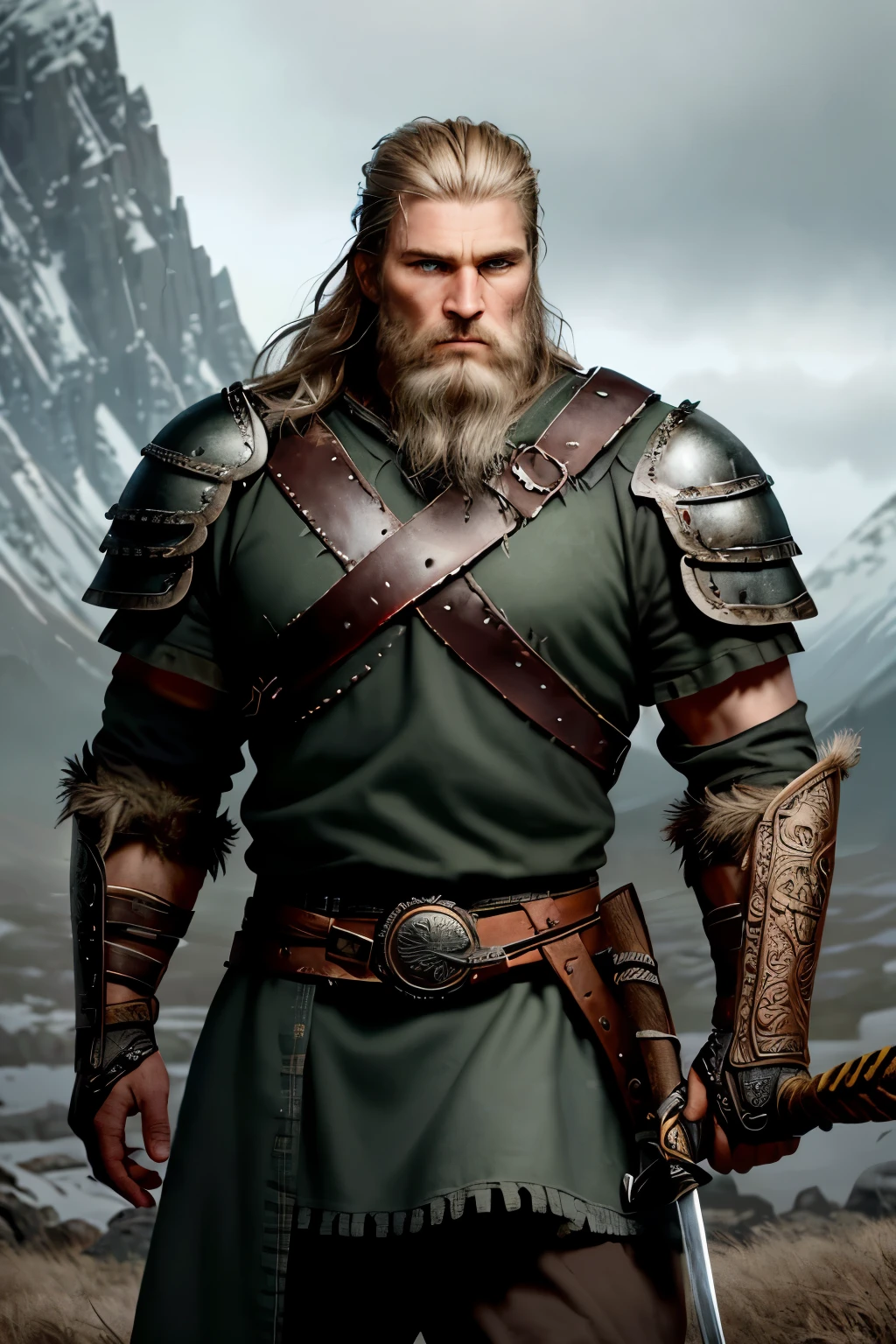 A man, a resolute Viking warrior, clad in authentic armor, with broad shoulders and a rugged beard framing pronounced cheekbones, stands confidently with a spear firmly grasped in his calloused hands. Dirt smeared across his face adds to his grizzled, battle-hardened appearance. The scene is rendered in high definition, 4K, illuminated by the soft glow of a hard ring light, creating an intricately detailed, cinematic masterpiece. His intense gaze pierces the air, captivating the viewer's attention. The weathered, weather-beaten woodlands in the background add a sense of rugged isolation, emphasizing the warrior