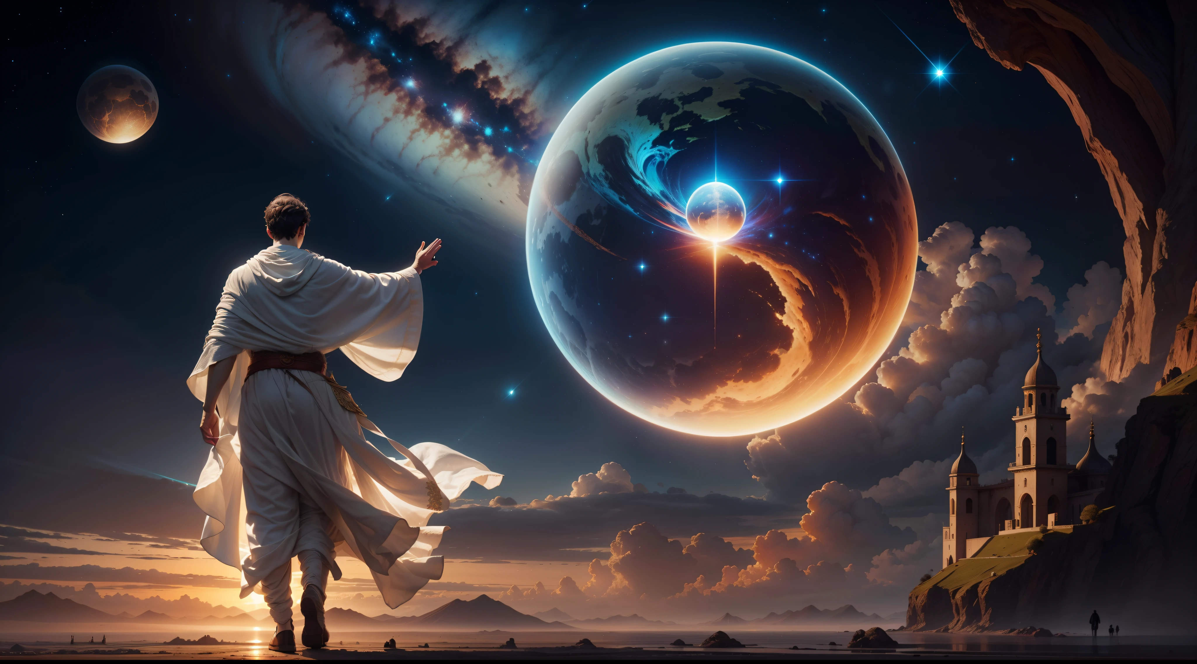 Abertura da Cena:

Smooth transition from the previous scene to this one, with soft, ethereal background music.
Enquadramento da Imagem:

Start with a broad plan of a celestial setting, com nuvens douradas e raios de luz suaves.
Introduction of Enoch and God:

Gradualmente, the setting blurs to reveal Enoch walking next to a majestic figure representing God. Both are silhouetted, com contornos suaves e brilho celestial ao redor deles.
Expression of Wonder:

Mostrar um close do rosto de Enoque, expressing a look of wonder and wonder at the divine presence at his side.
Caminhada Significativa:

To present Enoch and God walking together in a dreamlike landscape, with a trail of golden light at your feet. They walk towards a bright horizon, Creating a sense of transcendental journey.
Intensification of the Mystery:

Adicionar elementos visuais sutis, como raios de luz que emanam de Deus e envolvem Enoque, Creating an even more mystical environment.
Desaparecimento Gradual:

Enquanto a trilha de luz dourada aumenta, Enoch gradually dissolves into particles of light, sugerindo seu desaparecimento misterioso.
Elevation to the Divine:

The scene ends with Enoch transforming into a sphere of light that rises to the heavens, towards the divine figure, who reaches out in a gesture of blessing.
Transition to the Next Scene:

A smooth transition leads to the next scene, mantendo a atmosfera misteriosa e contemplativa.