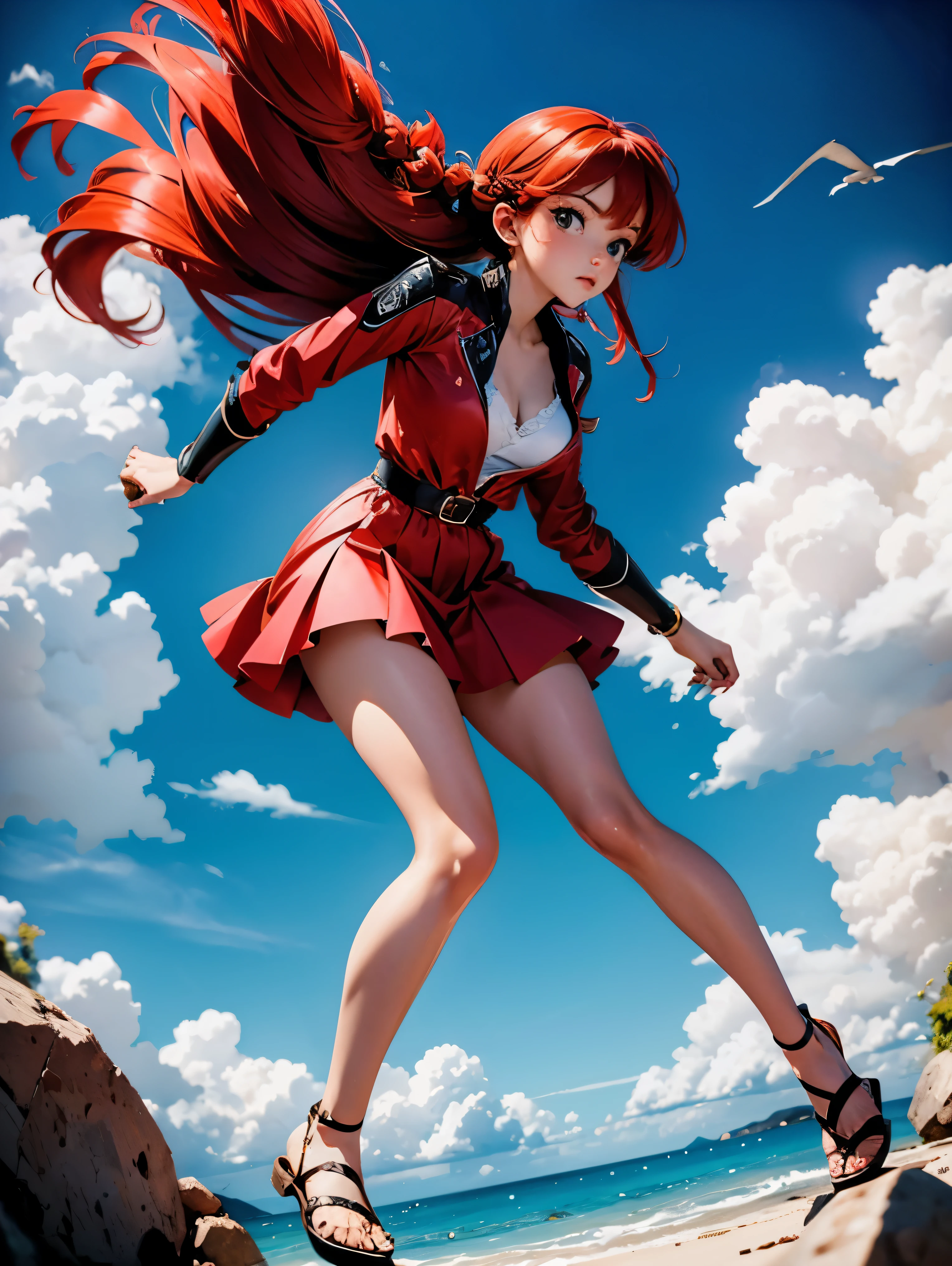 Garota Ruiva de anime em vestes chinesas vermelhas, , corpo bonito, seios grandes, aplicando soco para cima, soco para o alto, soco no ar, Garota sexy, red hair with braid, mechas de cabelo laterais, mechas de cabelo na lateral do rosto, beautiful lighting, sombras suaves, olhos azuis, pernas bonitas, hair with braid, estilo anime, Ranma Chan, Autora Rumiko Takahashi, Baseado em obra de Rumiko Takahashi, Anime Ranma 1/ 2, decote sexy, quadril robusto, corpo inteiro, corpo inteiro, busto grande, garota jovem com corpo belo e bonito, sandals on his feet, garota 16 anosbaixa estatura, vestindo roupas vermelhas chinesas, garota anime, estilo anime, beautiful feet in sandals, Bottom-to-top viewing angle, ao ar livre, red hair braid, grande , peito grande, em meio a um tornado dando soco para cima, aplicando soco no ar parao alto, punho fechado e erguido, viewing angle from below, no centro de um tornado
