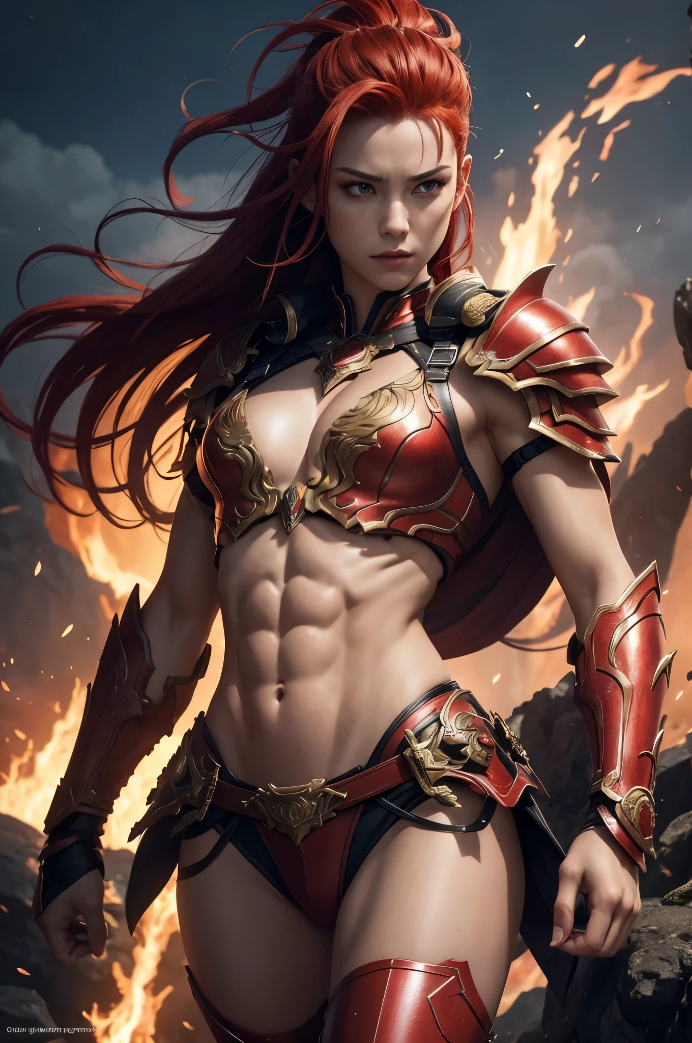 8k、alone,16歳のgoddess of fire,Super beautiful(like the real thing),red eyes,Super beautiful,beautiful red mohawk hair,Flashy flame god makeup,sexyな赤い炎の胸鎧,sexy,Remains,amazing work of art、wind effect:1.9、cloud effect:1.2,full rendering、unreal engine,ultra high resolution,super realistic skin,Super precise hand details,fantasy art,Photorealistic RAW photos of the highest quality。Backlight, cinematic lighting, film grain, to be born, 50mm lens, Nikon D850,realistic skin,fantasy art,character art,ultra high resolution,Macho with a muscular slender body,Precise facial details,grim expression,Improve the quality of facial expressions,accurate human body structure,perfect hands,Flame Hair Ornament,red flame shoulder armor,red flame gauntlet,red flame leg armor,Violent and strongly cracked abdominal muscles,goddess of fire,perspective from above,Close-up,battle scene,fighting pose,dynamic pose,explosive flame,