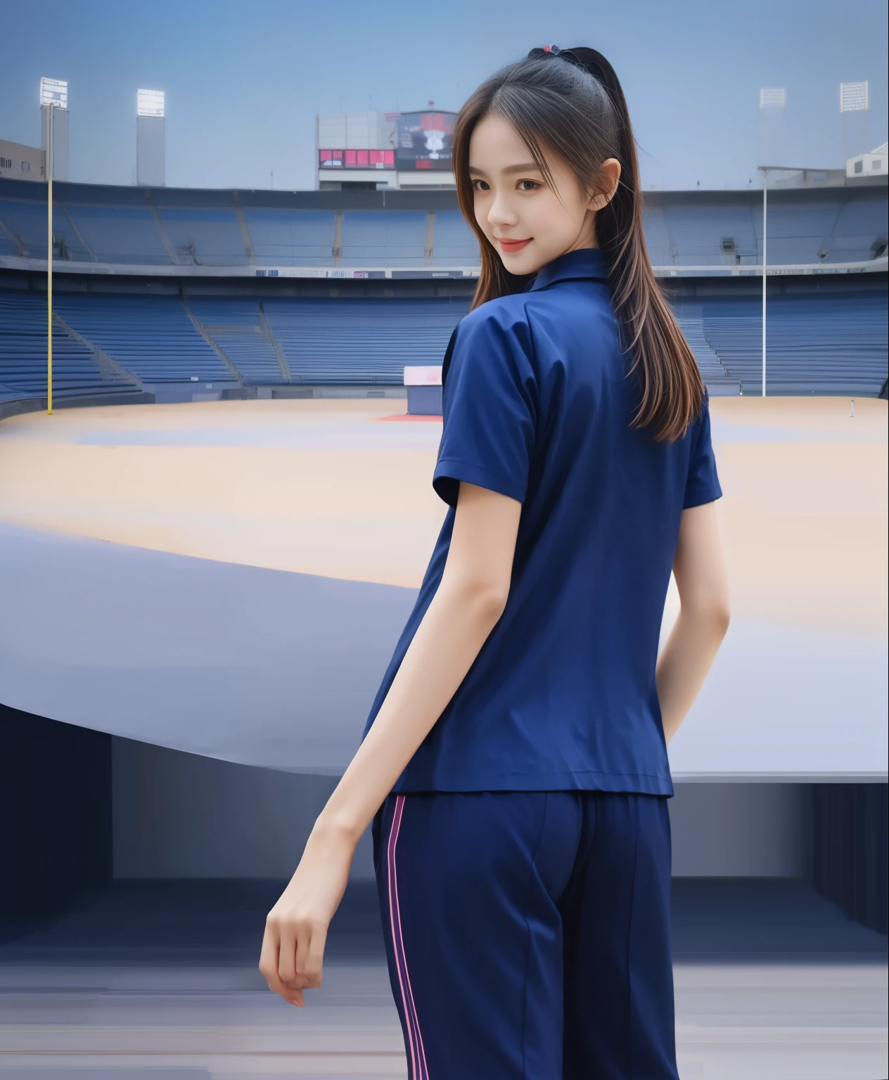 (best quality,10,10,height,Masterpiece:1.2),Special details,(realistic,ภาพrealistic,Realistic photos:1.37),1 cute girl on the football field,shiny, ผิวshiny,only,smile softly,BDclothelue shirt:1.3)),short sleeve,shirt, กางเกงขาlong.,(navy_long_track pants:1.1), ((stadium background:1.3)),Dynamic angle,excited,Face focus,dynamic poses,from behind,focus on ass,Masterpiece, best quality, ultra realistic, hyper-detail, 8K resolution, raw photos, Sharp focus, ((Navy blue shirt:1.1)), short sleeve, เส้นทางlong, perfect body, 2 mature women, 18 years old, Cinema-grade lighting system,blue sweatpants,shirtผ้าออกกำลังกาย,correct anatomy,perfect body, correct body, Sharp face, correct bodyทางกายวิภาค, full body, realistic gestures, long-haired, realistic poses,Wear long shorts................................,ช่วงขาlong,Good shape,carved girl, Slender figure, model, Good shape, beautiful body,blue sweatpants, two girls kissing