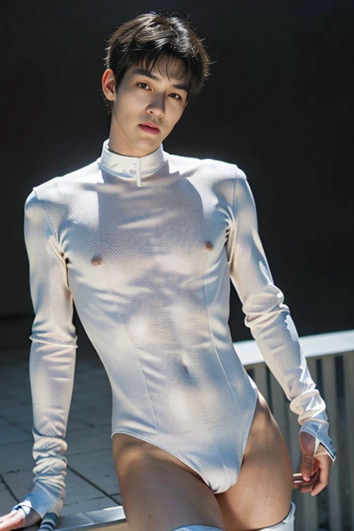 (masutepiece,High resolution,ultra - detailed:1.0),1(Boy,Robot Boy),Perfect male body,Look at the camera,Delicate eyes and delicate face,extremely details CG,Unity 8k壁纸,intricate-detail,solo person,Detailed face, (Futuristic skin-perfect white bodysuit), Best Quality, hands visible, (White Gloves), Beautiful and delicate blue short hair:1.5 , full length shot(fls) , big thighs , big hips , insane details, hyper details , photorealistic , only male , handsome boy , fat buttock , puffy nipples