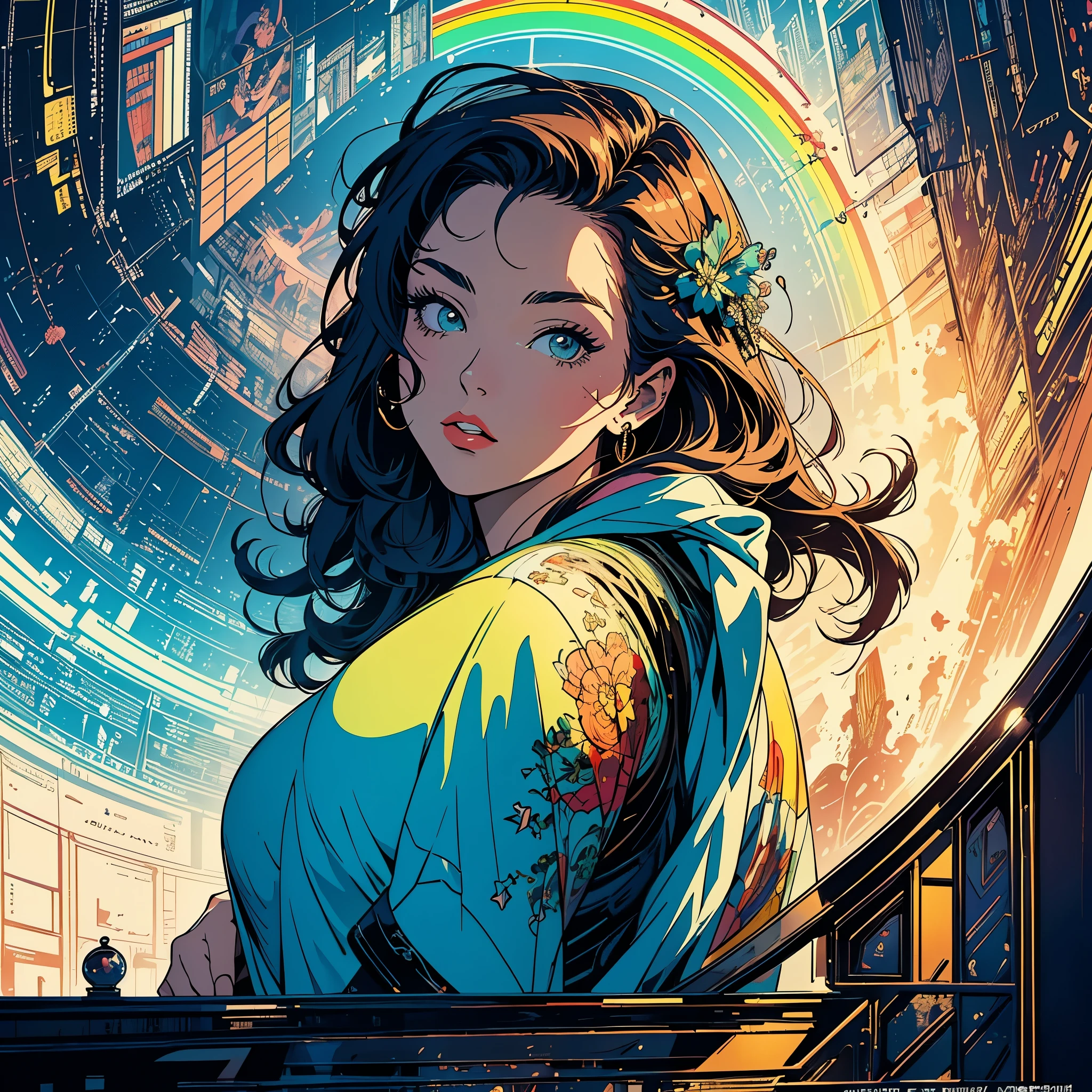 (masterpiece, highest quality), 32k,(A very detailed beautiful woman), poster,science fiction,1960s,1970s,bauhaus, shape, OK, abstract, propaganda,movie poster, vintage,retro,futuristic,anime,ultimate map,Perfect rainbow,highlight,angle from below, awesome style, big tits,tattoo,