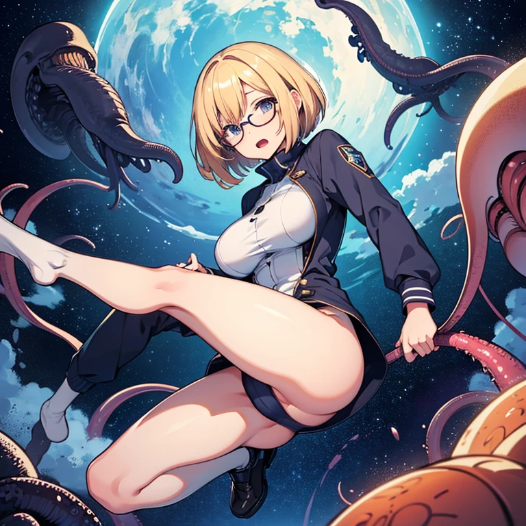(masterpiece), best quality, expressive eyes, perfect face, ((solo, mature woman, full body, look smart, blond hair, short bob hair, glasses, azure pilot suit, high leg, over knee socks, large breast, large butt, look panic, relaxed expression, open mouth)), low view, ((aliens, alien monsters, tentacles, monstrous tentacles, swarming, surrounding)), in the spaceship, outer space,