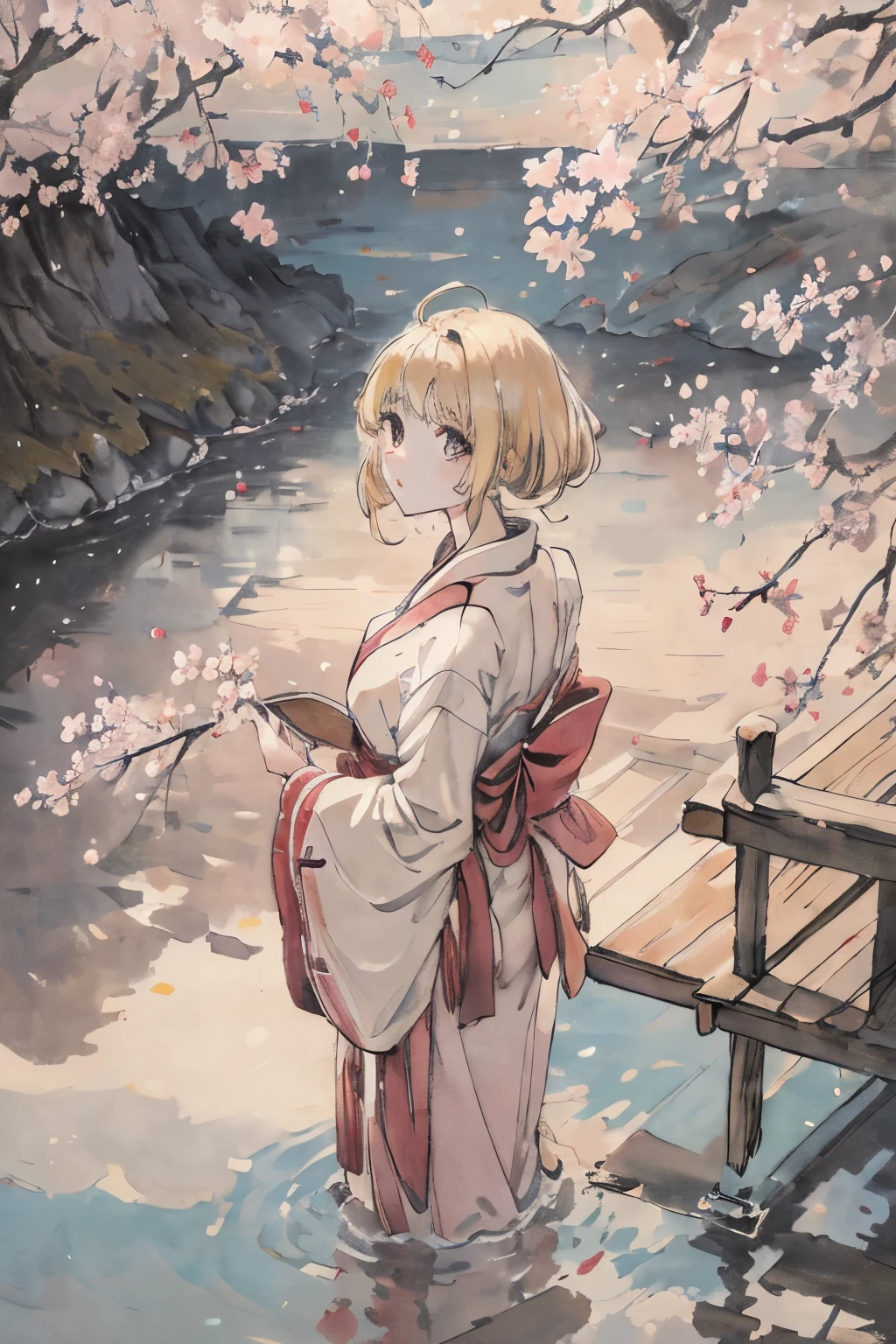 highest quality, masterpiece, disorganized, super resolution),(4 colors) line manga:pop up girl,The end of the world,amino acid,Brilliant,realism decadent art,best angle,beautiful日本人, alone, blonde, stand on the playground, from far away, From the side, shiny, beautiful anime eyes with luster reflection, beautiful, from far awayのアングル, cherry blossoms, semi-long