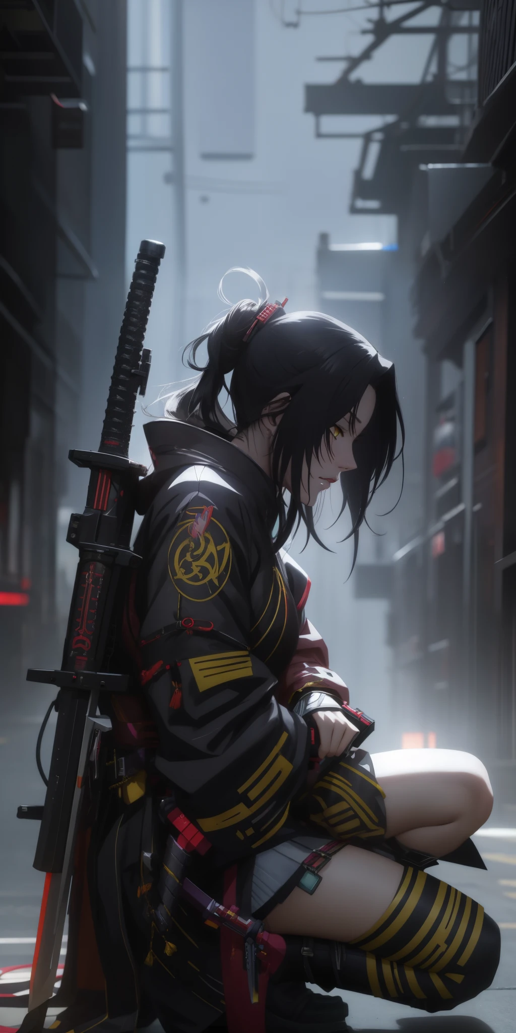 dominique_de_sade, black hair, long hair, yellow eyes, anime girl kneeling down with a sword in her hand, badass anime 8 k, artwork in the style of guweiz, ross tran 8 k, cinematic. by leng jun, 2. 5 d cgi anime fantasy artwork, anime style 4 k, ross tran and wlop, very beautiful cyberpunk samurai, guweiz on artstation pixiv, facing viewer
