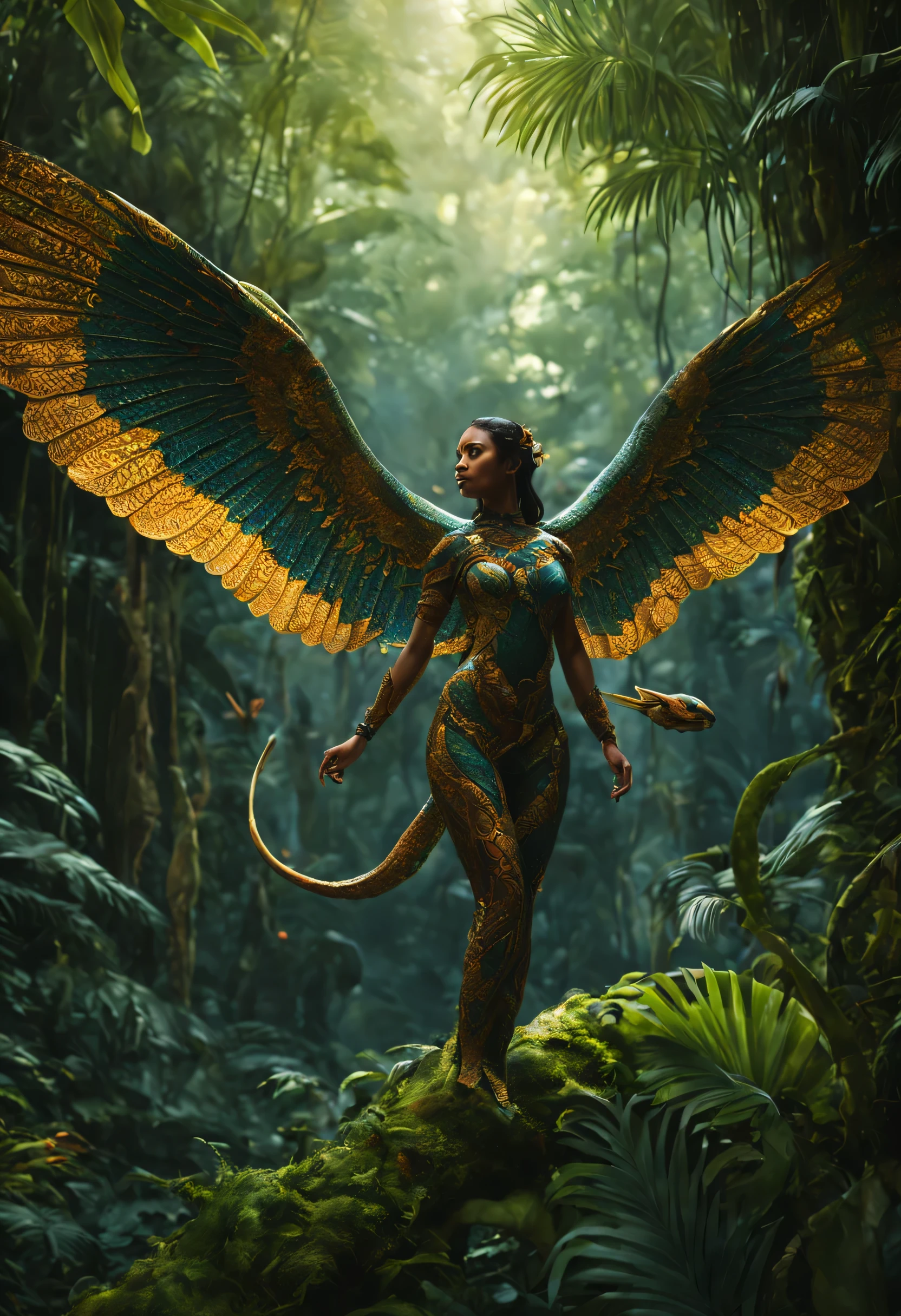 Generate an AI artwork that envisions a society of snake-humanoid beings, and wings on their back. male, and female flying over their tribe in deep jungle, Depicts this unique civilization with snake-like features, such as scales, and brings to life their daily activities, rituals, and interactions in a captivating and imaginative manner. "Volumetric light, auras, rays, vivid colors reflect, hyper-detailed, trending on artstation, intricate details, highly detailed, by Greg Rutkowski, illuminated by a soft, HDR light, rendered in 4K detail, Miki Asai Macro photography, close-up, hyper-detailed, trending on artstation, sharp focus, studio photo, intricate details, highly detailed, by Greg Rutkowski