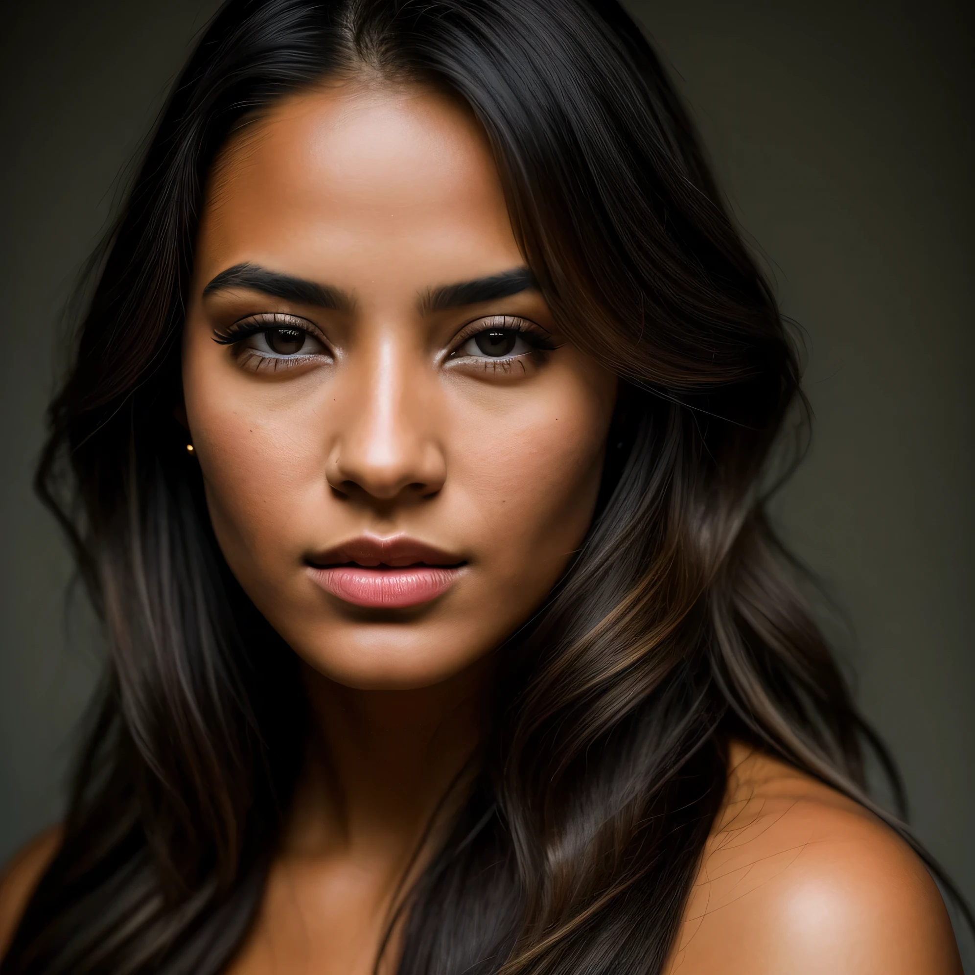 RAW, analog style, A stunning portrait of a young, beautiful woman with striking features,tan skin. She should have long, flowing hair, a captivating gaze, and an alluring expression., allowing the woman to be the image's focal point. Please pay close attention to the details, such as the highlights and shadows on her face and hair, to create a lifelike and realistic image. Experiment with different lighting techniques to enhance the mood and atmosphere of the portrait. The final product should be a masterpiece that captures the essence and beauty of the woman, ((highly detailed skin, skin details)), sharp focus, volumetric fog, 8k UHD, DSLR, high quality, film grain, Fujifilm XT3