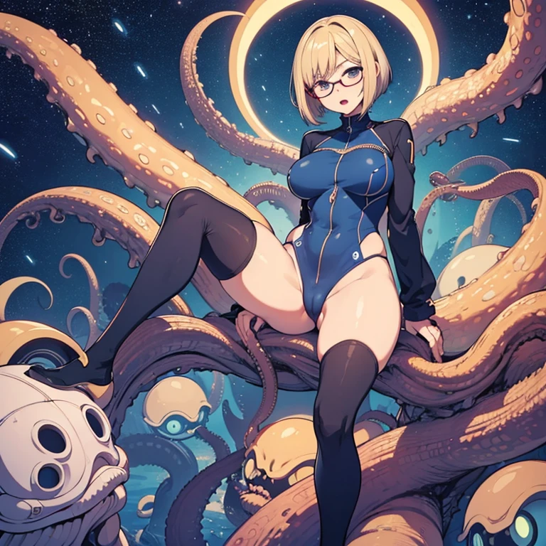 (masterpiece), best quality, expressive eyes, perfect face, ((solo, mature woman, full body, look smart, blond hair, short bob hair, glasses, azure pilot suit, high leg, over knee socks, large breast, large butt, look panic, relaxed expression, open mouth)), low view, ((aliens, alien monsters, tentacles, monstrous tentacles, swarming, surrounding)), in the spaceship, outer space,