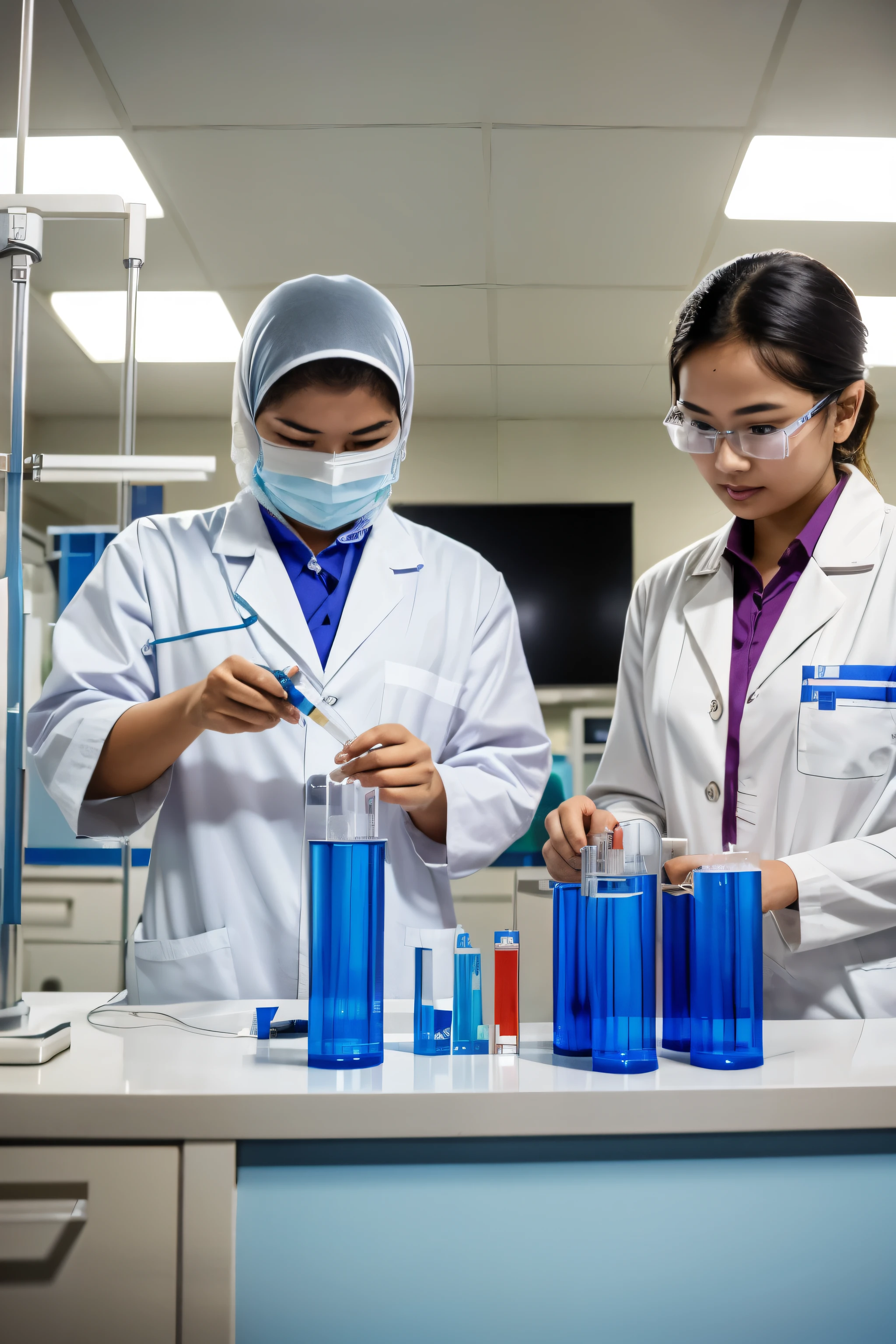 indonesian medical students working with sample tubes test in laboratory / scientist working with pipette and pcr tube in chemical lab