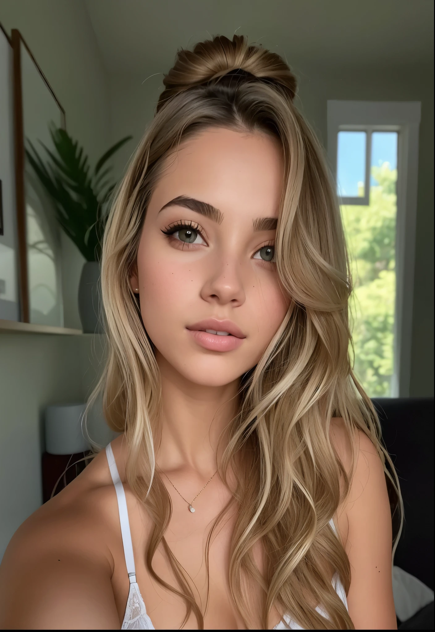 mulher arafed com cabelo longo ondulado e desarrumado, messy hair and a white bra top, sem maquiagem cabelos ondulados, modelo do instagram, Retrato de Sophie Mudd, Alana Fletcher, lindo rosto atraente, sem maquiagem, garota sexy com olhos verdes, ellie victoria gale, cabelo ondulado na altura dos ombros, rosto extremamente lindo, morena com cabelos tingidos de loiro, taken at the beginning of 2020, linda mulher