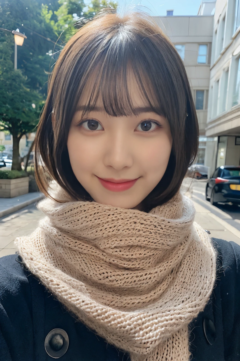 ((No makeup))、(realistic、Photoreal、super detailed、best detailed skin、highest quality、masterpiece、超A high resolution)、cute japanese woman、16 years old、high school girl、young girl、1 girl、have bangs、double eyelid、drooling eyes、big black eyes、attractive、purity、cute smile、natural smile、watch here、realistic肌タイプ、thick muffler、fluffy hair、((There&#39;s hair in the scarf))、red cheeks、The wind is blowing、It&#39;s snowing、illumination、lighting from behind、medium bob cut