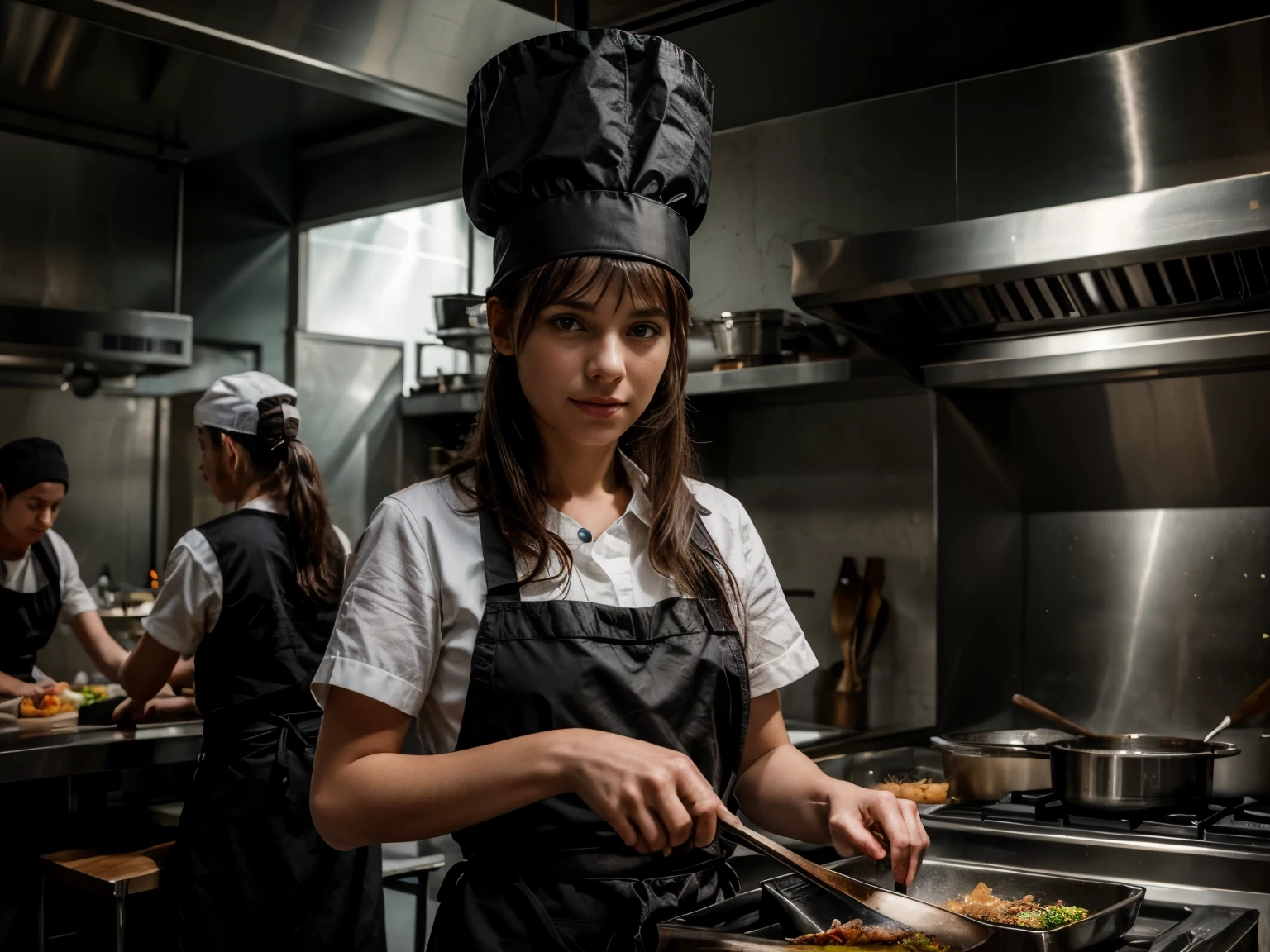 A portrait of a swiss girl with long chef hat is cooking inside a restaurant's kitchen along with other workers with grey background, black and white