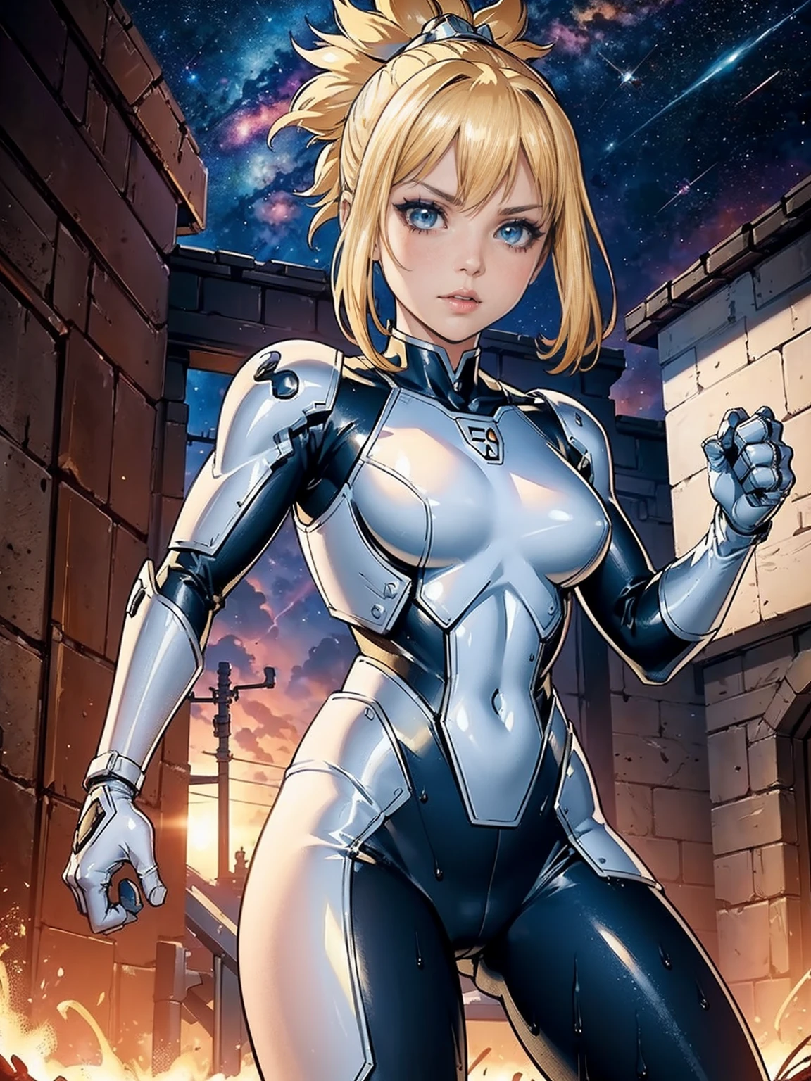 (((1woman, (solo, 1girl, alone), kohaku, blonde hair, blue eyes, tied hair), pink lipstick, Extremely detailed, ambient soft lighting, 4k, perfect eyes, a perfect face, perfect lighting, a 1girl)), austere, ((((galaxy, Space Detective, woman, (female external skeleton), (red and black combat suit, fighting pose), wasteland, action scene, action pose, masterpiece, rich colors, Backlight, beautiful expression, fantasy art, character art, metallic red and silver combat suit)), wet body, ((fitness)), standing, Beautiful))
