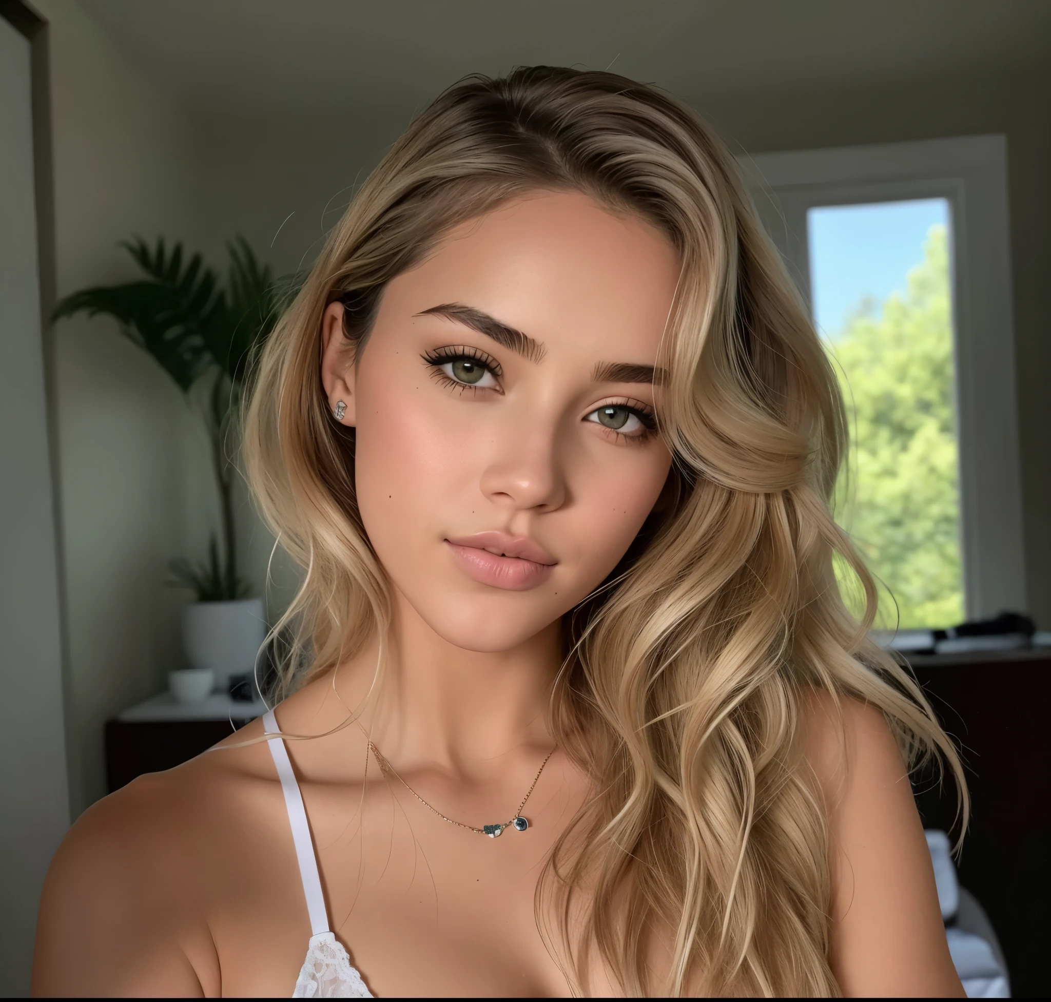 mulher arafed com cabelo longo ondulado e desarrumado, messy hair and a white bra top, sem maquiagem cabelos ondulados, modelo do instagram, Retrato de Sophie Mudd, Alana Fletcher, lindo rosto atraente, sem maquiagem, garota sexy com olhos verdes, ellie victoria gale, cabelo ondulado na altura dos ombros, rosto extremamente lindo, morena com cabelos tingidos de loiro, taken at the beginning of 2020, linda mulher