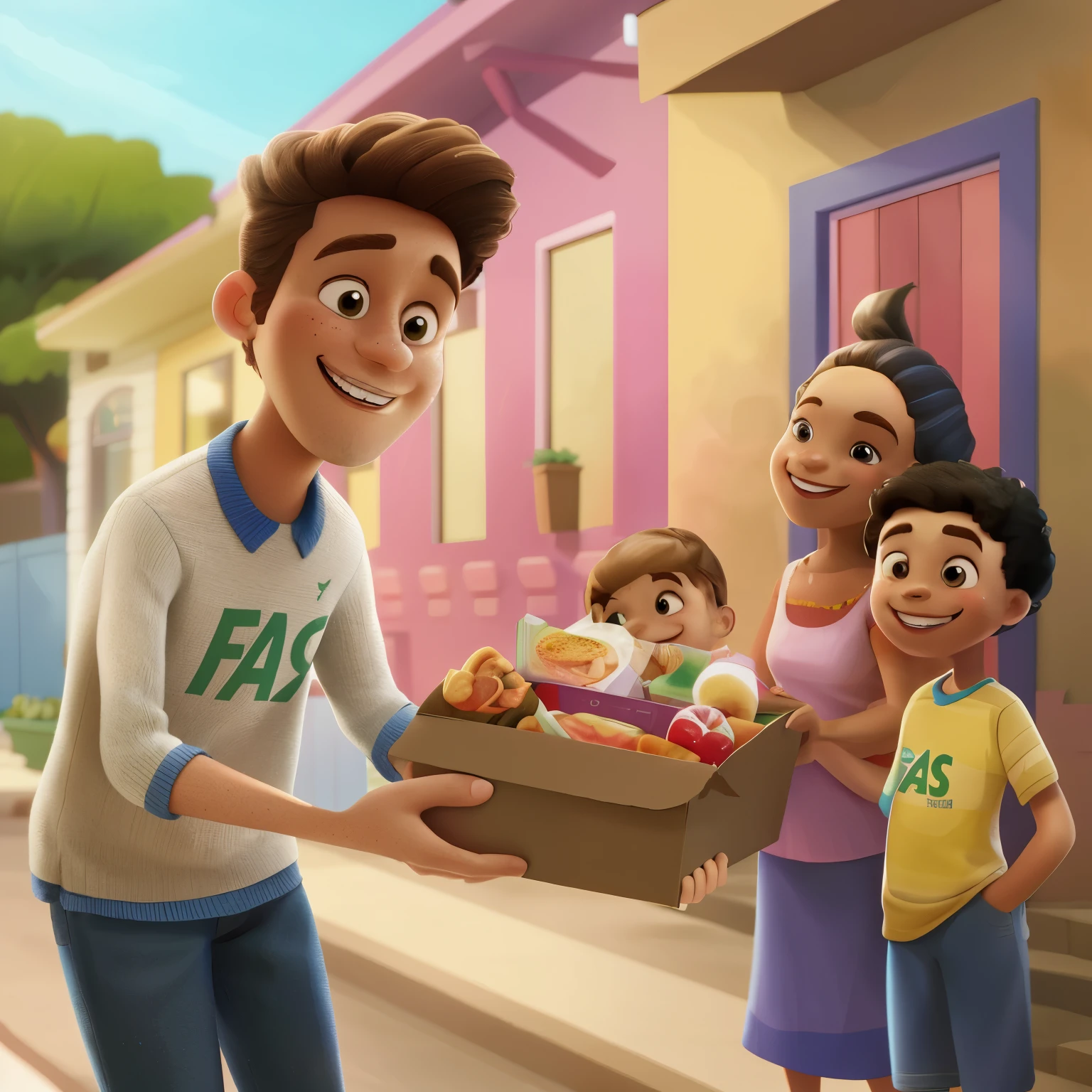 cartoon illustration of a family with a box of food in front of a house, Arte Promocional, commercial illustration, official illustration, by Felix Arauz, by Cesar Andrade Faini, cartoon style illustration, colorful illustration, promotional rendering, flat illustration, stylized digital illustration, digital illustration -, arte oficial, by Félix Ziem, Da arte