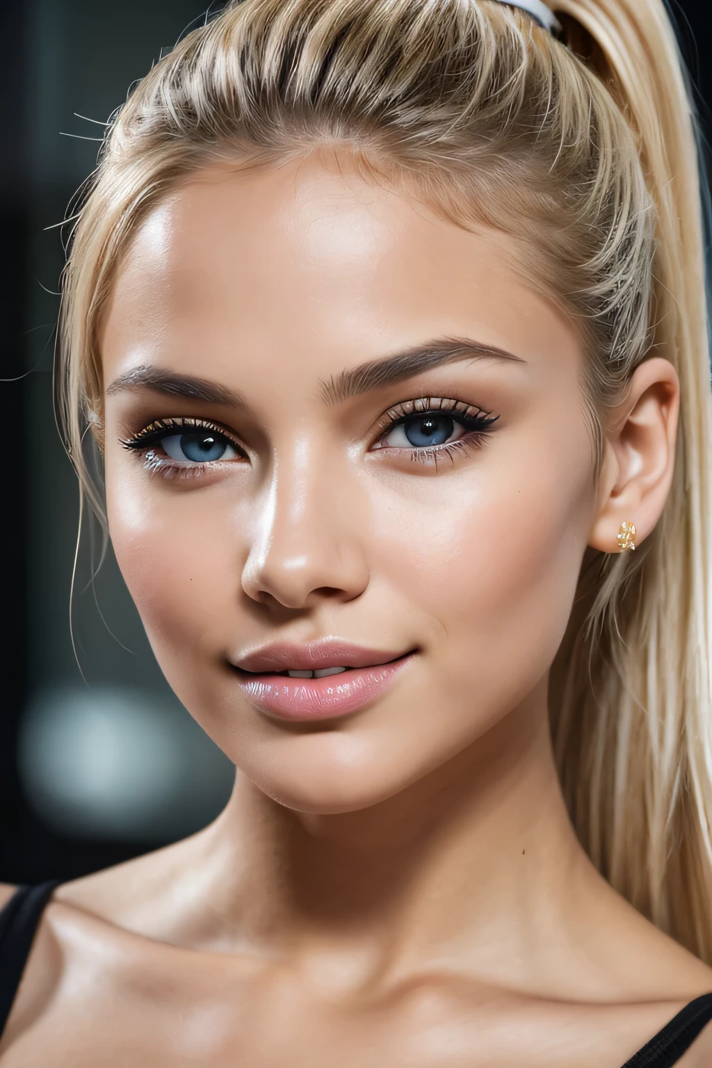 face portrait view perfectly correct facial proportions, smiles seductively , Closeup photo of a young 23 year old beauty, juicy wet lips, whole body, chiseled cheekbones, busty, blonde hair pulled back completely into a ponytail, gray flirty eyes with a slight squint, hyperrealistic skin texture, thin graceful neck., defective skin, снято на камеру CANON EOS RP BODY BLACK. 1.4f, hips, natural light, very detailed, Masterpiece,