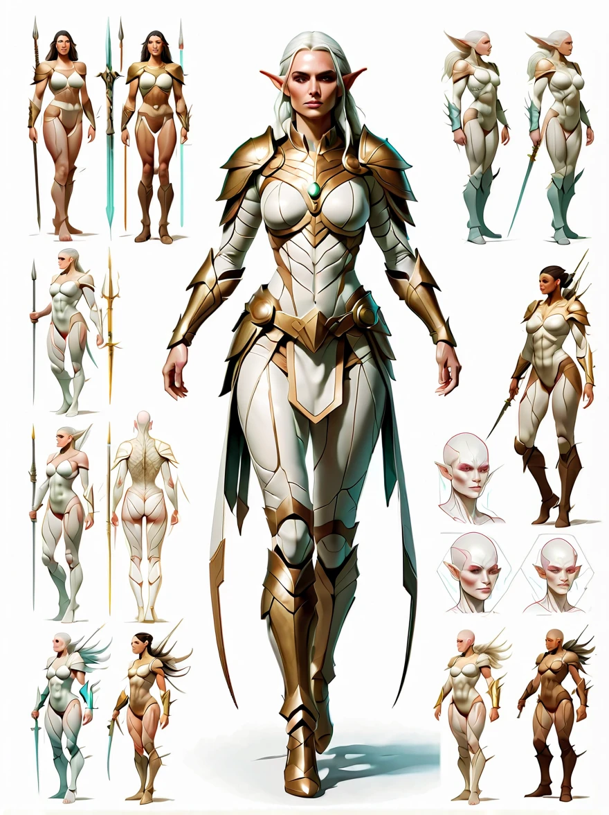 （character design sheet:1.5），((whole body))，1 powerful and beautiful female warrior from the Elf tribe，（Orderly rows:1.2，spaced apart:1.2，No overlap:1.2），((clear lines，clean background，White background, UHD, masterpiece, ccurate, anatomically correct, textured skin, super detail, high details, best quality, 8k))