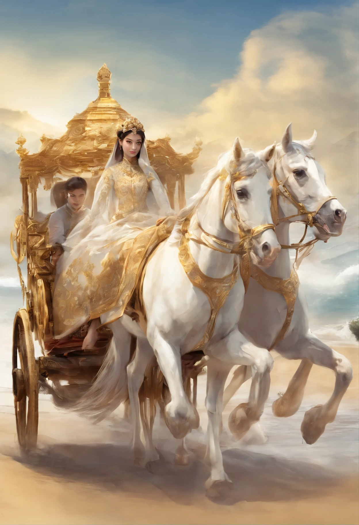 Created an image of golden chariot pulled out by 4 horses on the couch there is an beautiful girl 19-years-old,wearing white kebaya ,hair on a bun with jasmine background is beautiful beach,photograpy realistic,UHD,detail