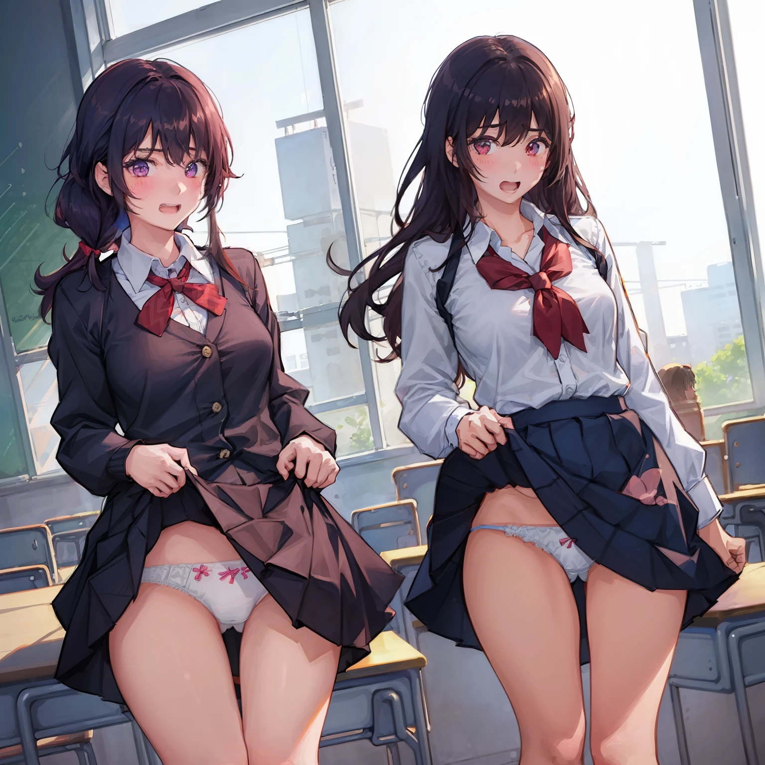 ((2 girls:1.5))、laughter、blush、shirt、のskirt、、((fun!))(small breasts)、chiralism、black hair、()、(黒いskirt:1.3)、bow, button, 襟の付いたshirt, long sleeve, マイクロskirt, プリーツskirt、(Jacket)、 skirt, socks, thighs, 白い shirt, ((classroom:1.5)),(skirtを掴む:1.5)、 (perfect hands, perfect anatomy),cowboy shot、(skirt lift:1.3),(highly detailed white panties:1.3)、(highly detailed panties:1.3)、、(skirt that rolls up:1.3)、(fully exposed panties:1.5)、