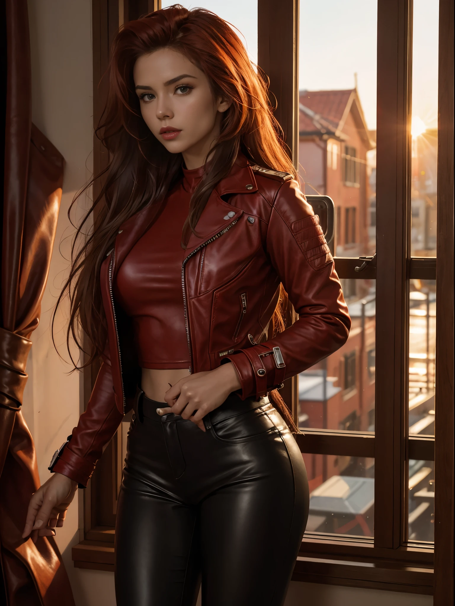in photorealistic style, a red woman with long hair in red leather pants and a red leather jacket stands in the window of a room and watches the setting sun