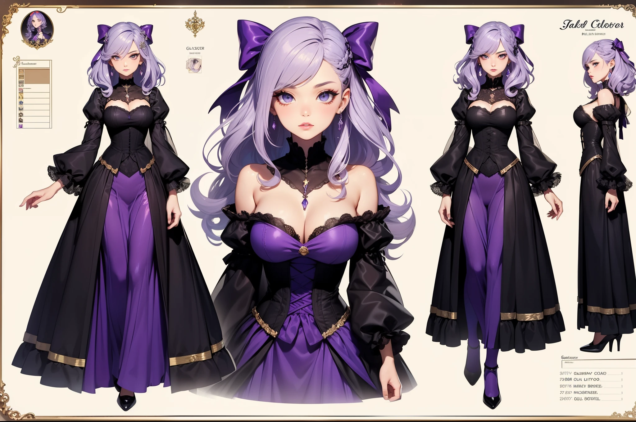(masterpiece), the best quality, reflection light, ray tracing, Ultra-Wide Angle, expressive eyes, perfect face, (beautiful woman in Victorian Dress), fierce woman, elegance woman,  luxury, (random hairstyles, platinum hair with galaxy purple tips, shinny hair, multicolored hair, galaxy colored inner hair, long hair), amethyst eyes, smokey eye makeup, ((full detailed Victorian dress, wide sleeves, galaxy purple trim, bows, ruffles, ball gown)), shimmering with lustrous hues matching scheme, hourglass body shape, professional, Extremely aesthetic, stylish, Extremely detailed realistic clothing, (Character design, (Character Sheet:1.2), (multiple views)), ray tracing, high quality detailed art, fantasy mixed with realism, detailed face, glossy lips, eyeshadow, lipstick, galaxy colors scheme, (full body)
