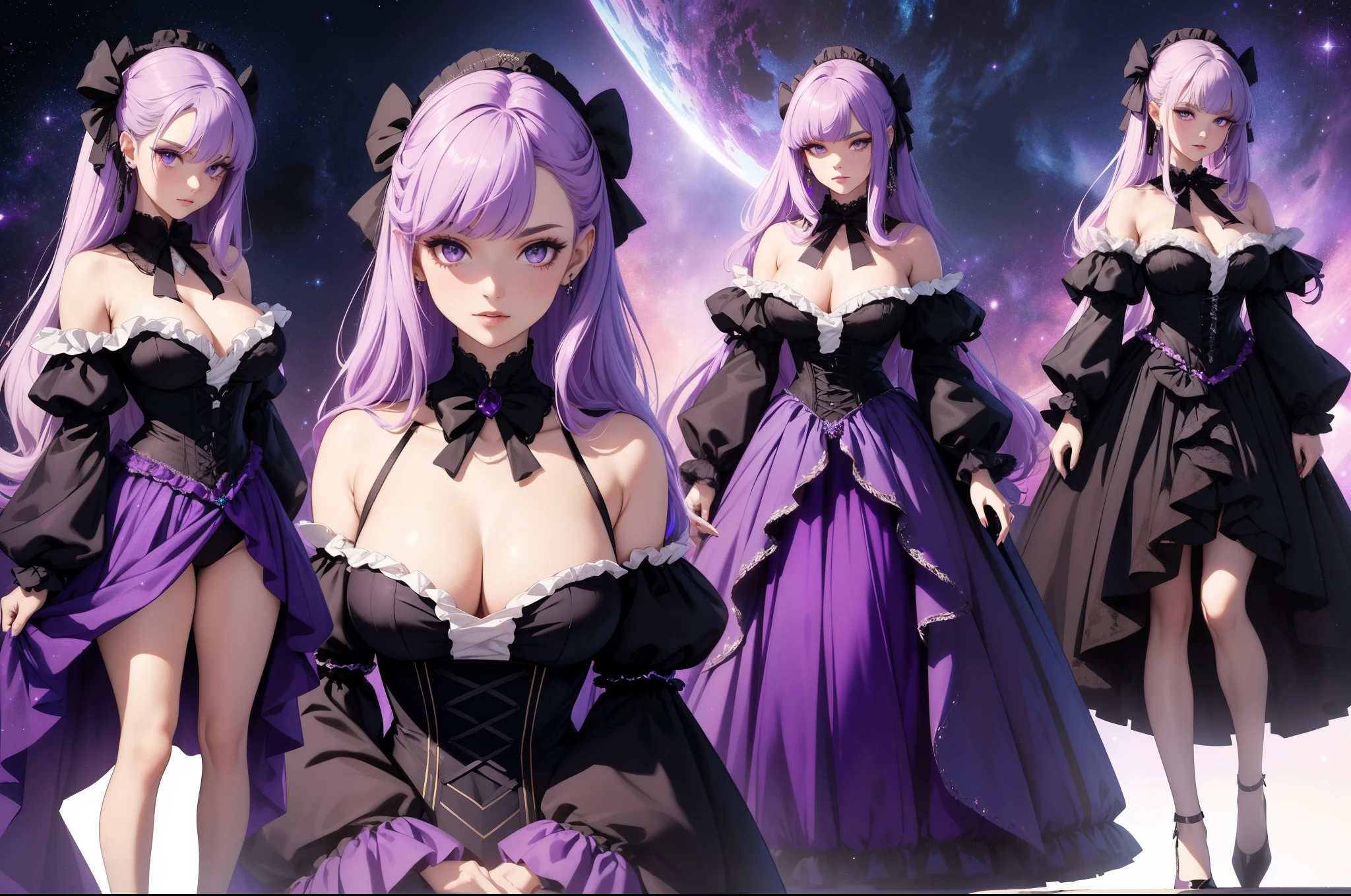 (masterpiece), the best quality, reflection light, ray tracing, Ultra-Wide Angle, expressive eyes, perfect face, (beautiful woman in Victorian Dress), fierce woman, elegance woman, luxury, (random hairstyles, platinum hair with galaxy purple tips, shinny hair, multicolored hair, galaxy colored inner hair, long hair), amethyst eyes, smokey eye makeup, ((full detailed Victorian dress, wide sleeves, galaxy purple trim, bows, ruffles, ball gown)), shimmering with lustrous hues matching scheme, hourglass body shape, professional, Extremely aesthetic, stylish, Extremely detailed realistic clothing, (Character design, (Character Sheet:1.2), (multiple views)), ray tracing, high quality detailed art, fantasy mixed with realism, detailed face, glossy lips, eyeshadow, lipstick, galaxy colors scheme, (full body)