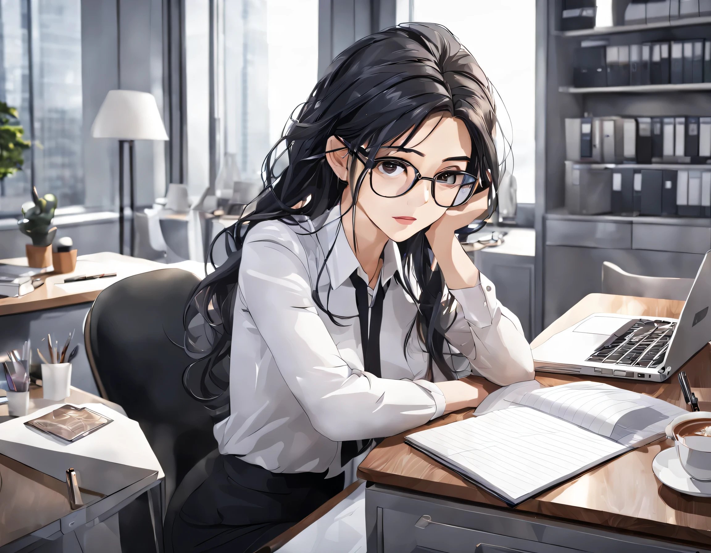 (best quality), masterpiece, Extremely detailed CG，1 professional woman sitting at her desk，Notebook on the table，wear glasses，long black hair，Tired eyes，coffee，Office background