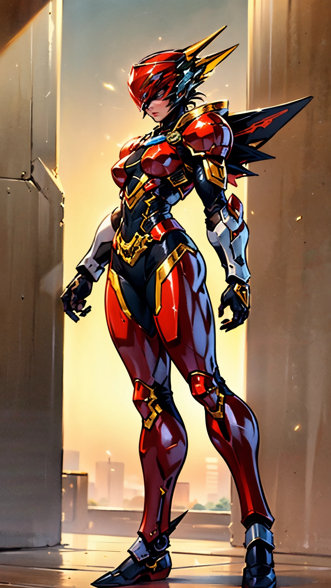 A woman adorned in fantasy-style full-body armor, a crown-concept fully enclosed helmet that unveils only her eyes, a composite layered chest plate, fully encompassing shoulder and hand guards, a lightweight waist armor, form-fitting shin guards, the overall design is heavy-duty yet flexible, ((the armor gleams with a golden glow, complemented by red and blue accents)), exhibiting a noble aura, she floats above a fantasy-surreal high-tech city, this character embodies a finely crafted fantasy-surreal style armored hero in anime style, exquisite and mature manga art style, (Queen bee mixed with Spider concept Armor, plasma, blood), ((Element, energy, elegant, goddess, femminine:1.5)), metallic, high definition, best quality, highres, ultra-detailed, ultra-fine painting, extremely delicate, professional, anatomically correct, symmetrical face, extremely detailed eyes and face, high quality eyes, creativity, RAW photo, UHD, 32k, Natural light, cinematic lighting, masterpiece-anatomy-perfect, masterpiece:1.5