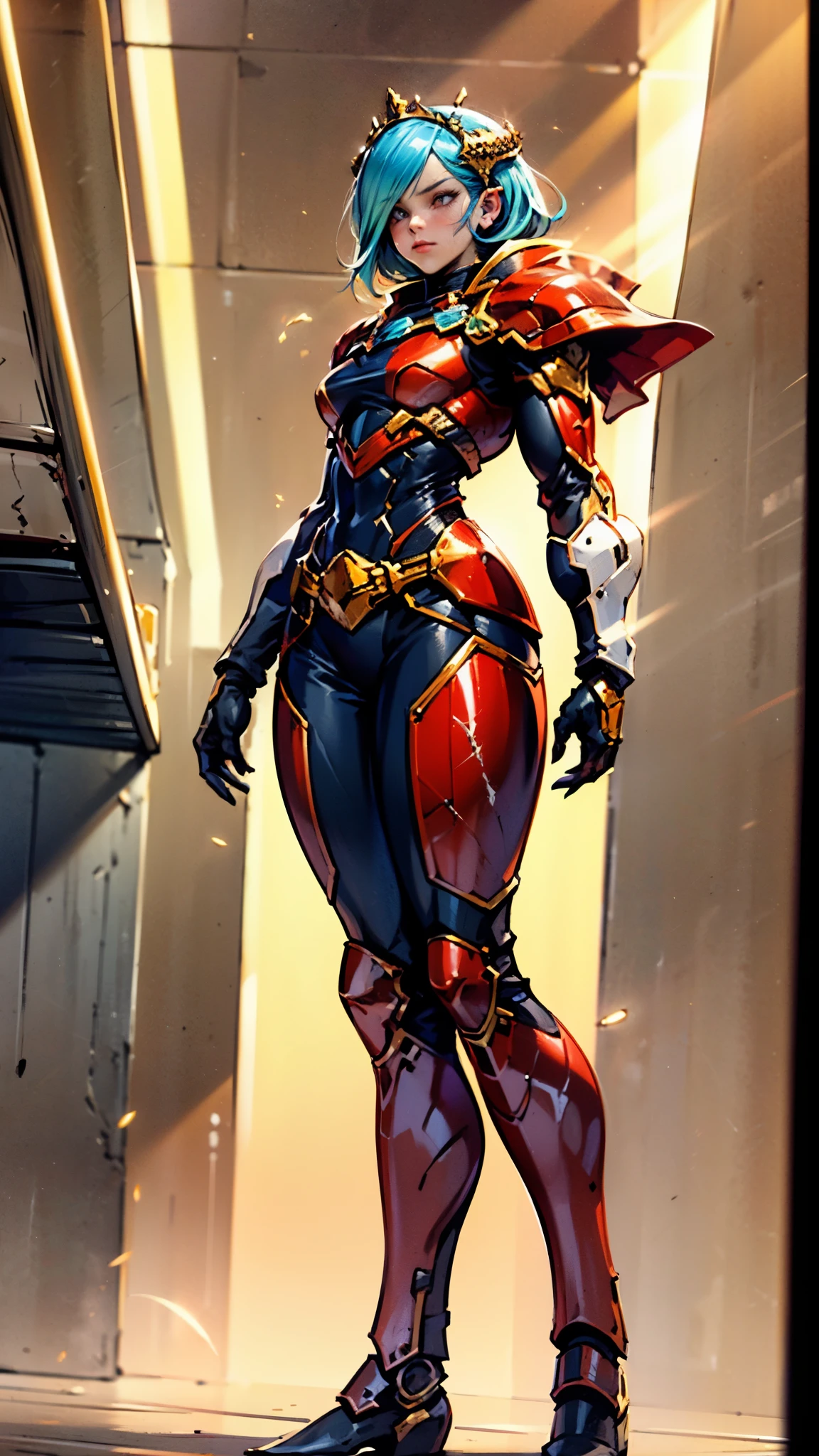 A woman adorned in fantasy-style full-body armor, a crown-concept fully enclosed helmet that unveils only her eyes, a composite layered chest plate, fully encompassing shoulder and hand guards, a lightweight waist armor, form-fitting shin guards, the overall design is heavy-duty yet flexible, ((the armor gleams with a golden glow, complemented by red and blue accents)), exhibiting a noble aura, she floats above a fantasy-surreal high-tech city, this character embodies a finely crafted fantasy-surreal style armored hero in anime style, exquisite and mature manga art style, (Queen bee mixed with Spider concept Armor, plasma, blood), ((Element, energy, elegant, goddess, femminine:1.5)), metallic, high definition, best quality, highres, ultra-detailed, ultra-fine painting, extremely delicate, professional, anatomically correct, symmetrical face, extremely detailed eyes and face, high quality eyes, creativity, RAW photo, UHD, 32k, Natural light, cinematic lighting, masterpiece-anatomy-perfect, masterpiece:1.5