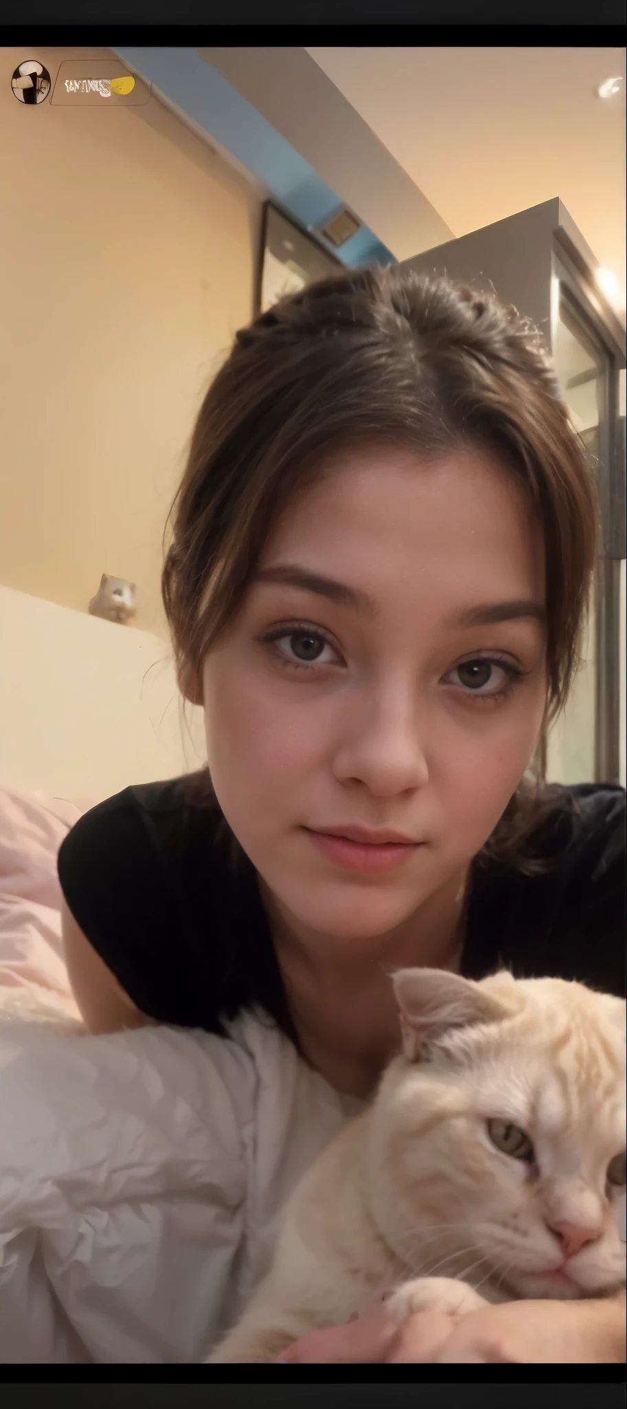 A girl with a cat, turn this image into realistic, the face should be exactly the same with reference image