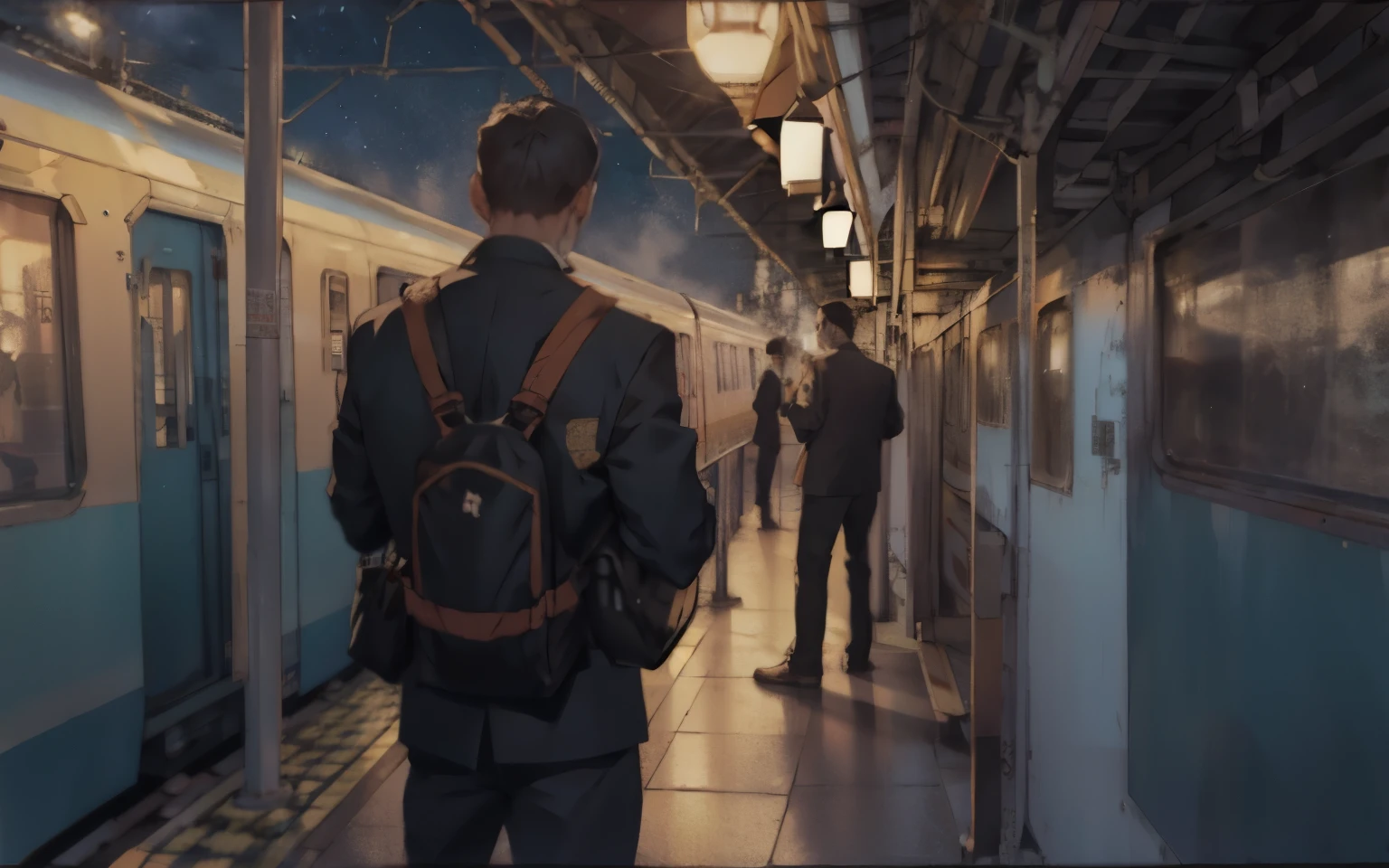 A man trying to board a train,facing left