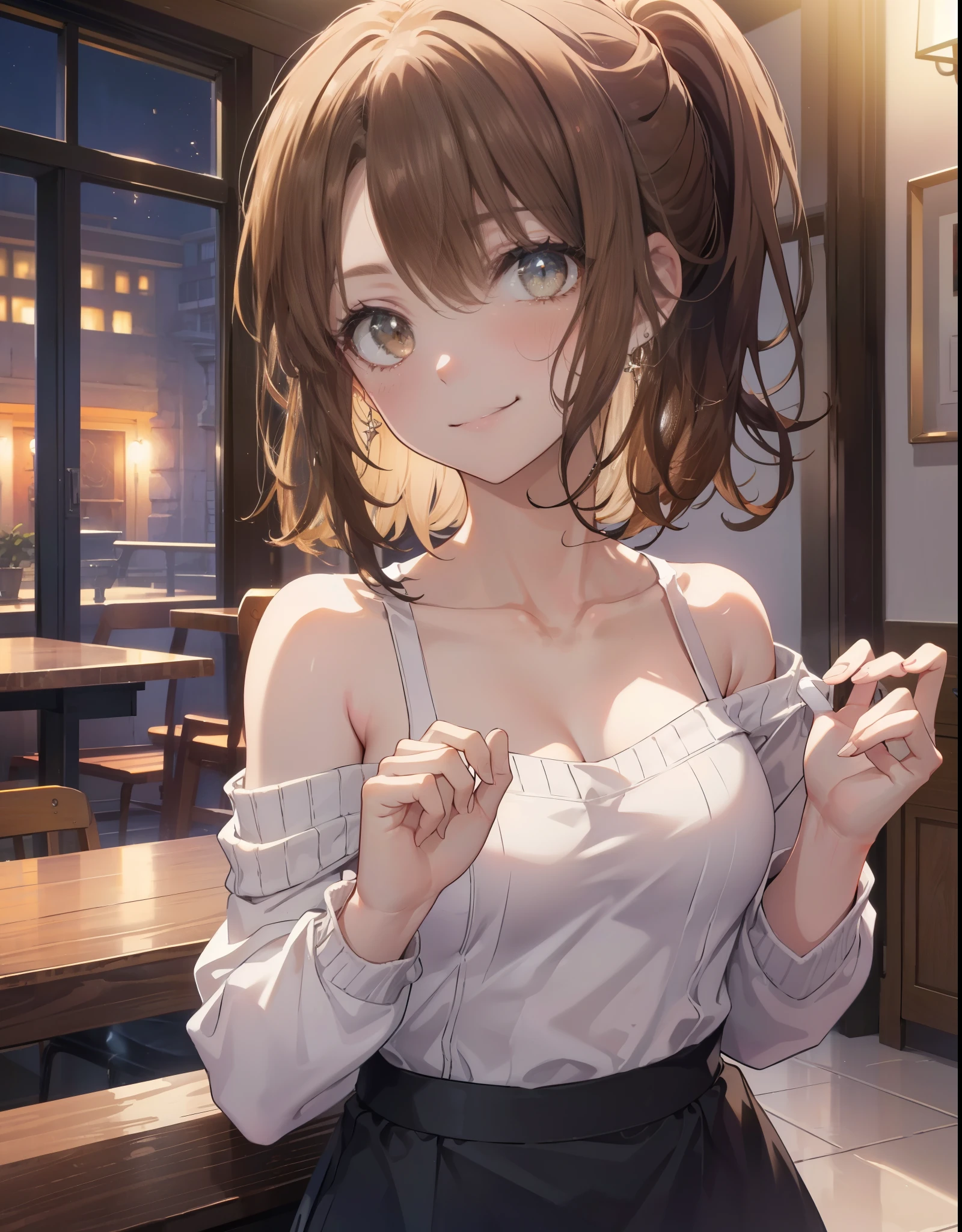 irohaisshiki, Isshiki Iroha, 1people々woman,long hair, brown hair, ponytail,(brown eyes:1.5), smile,blush,night,
off shoulder sweater,bare shoulders,bare clavicle,naked neck,long skirt,indoor slippers,apron,Entrance,
break indoors,indoor Entrance,
break looking at viewer, (cowboy shot:1. 5)
break (masterpiece:1.2), highest quality, High resolution, unity 8k wallpaper, (shape:0.8), (beautiful and detailed eyes:1.6), highly detailed face, perfect lighting, Very detailed CG, (perfect hands, perfect anatomy),