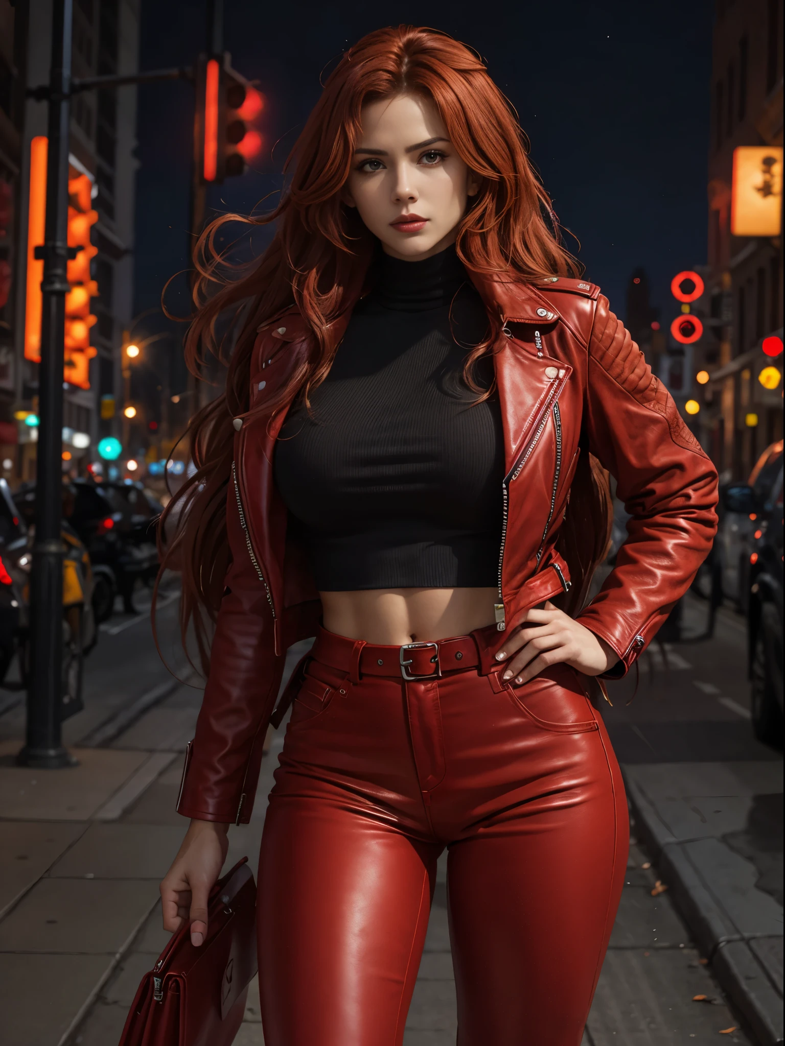 in photorealistic style, a red woman with long hair in red leather pants and a red leather jacket stands in the New York street midnight