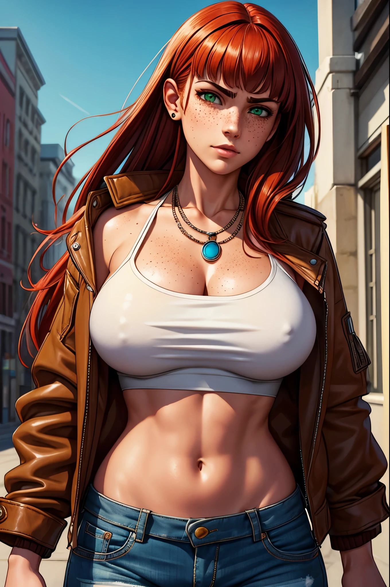 a woman fighting with a brown bomber bomber jacket, white cropped top and short denim shorts, realism, ears not visible, straight hair, big breasts, sensual body, red hair, freckles, colorful, flowing bangs in front of the eyes, sensual girl, thin girl , finished and rendered art, traditional Slavic necklace, human woman, Greek woman, inspired by Aphrodite, delicate hand, human race, straight hair, a dark mole over the mouth, freckles on the face, brown bomber jacket, Sheepskin Leather Bomber Jacket, fighting woman, inspired by terry bogard garou, inspired by axel from streets of rage 4, non-visible eyes, freeman garou mark of the wolves style bangs, eyes hidden by long hair, high collar, white cotton collar, terry bogard garou jacket, green eyes, pale skin, freckles all over the body contrasting with the skin, very long hair, short jeans azul, White wool lining