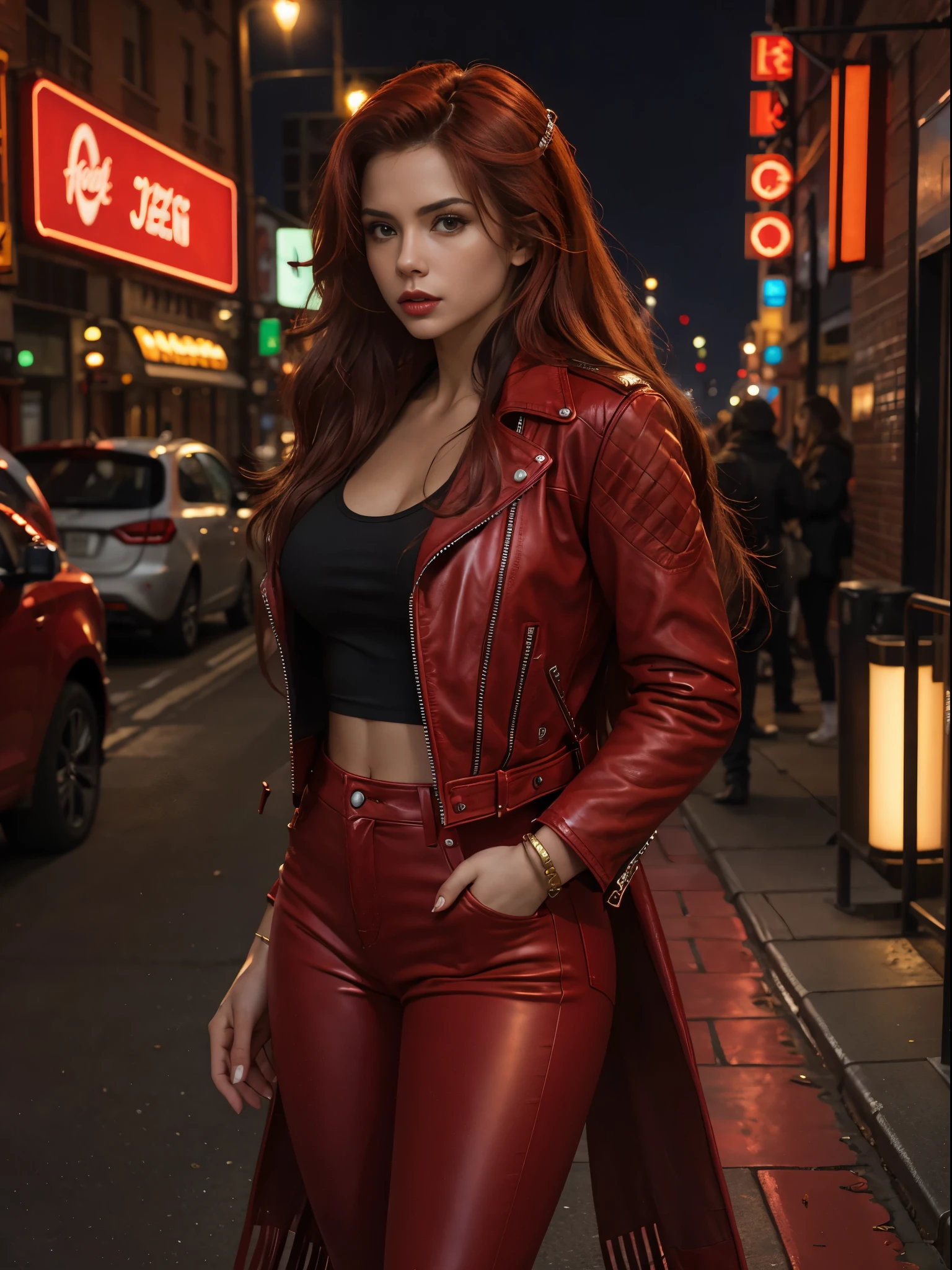 in photorealistic style, a red woman with long hair in red leather pants and a red leather jacket stands in the New York street midnight