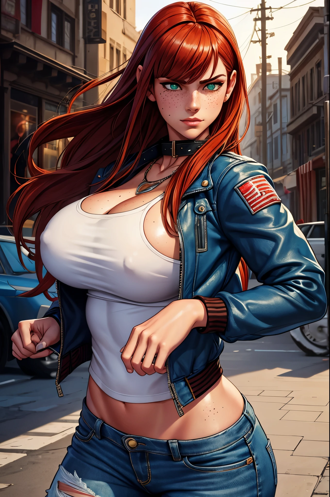 a woman fighting with a brown bomber bomber jacket, white cropped top and short denim shorts, realism, ears not visible, straight hair, big breasts, sensual body, red hair, freckles, colorful, flowing bangs in front of the eyes, sensual girl, thin girl , finished and rendered art, traditional Slavic necklace, human woman, Greek woman, inspired by Aphrodite, delicate hand, human race, straight hair, a dark mole over the mouth, freckles on the face, brown bomber jacket, Sheepskin Leather Bomber Jacket, fighting woman, inspired by terry bogard garou, inspired by axel from streets of rage 4, non-visible eyes, freeman garou mark of the wolves style bangs, eyes hidden by long hair, high collar, white cotton collar, terry bogard garou jacket, green eyes, pale skin, freckles all over the body contrasting with the skin, very long hair, short jeans azul, White wool lining