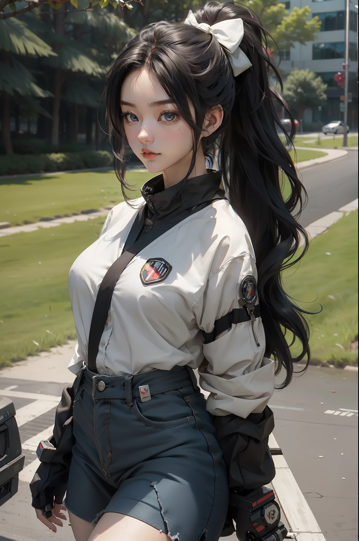 NSFW， up\（RX78\）， ultra high resolution， best quality， photo， 4k， （realistically：1.4）， 1 girl， solo， （Full body female love：1.1）， double ponytail， black hair color hair， beautiful face， beautiful eyes， There is a lake outside the park， running， Mecha armor， depth of field， Motion line， short skirt， Skinny shirt，(gigantic and massive :1.1)