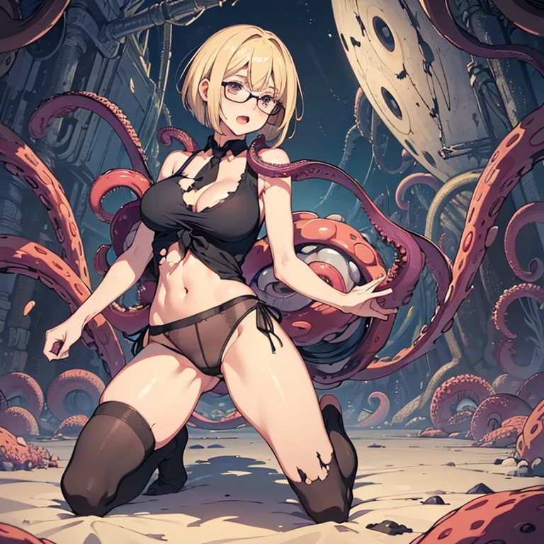 (masterpiece), best quality, expressive eyes, perfect face, ((solo, mature woman, full body, look smart, blond hair, short bob hair, glasses, tank top, black side-tie panties, torn clothes, high leg, over knee socks, large breast, large butt, look panic, relaxed expression, open mouth)), low view, ((aliens, alien monsters, tentacles, monstrous tentacles, swarming, surrounding)), (in the spaceship),