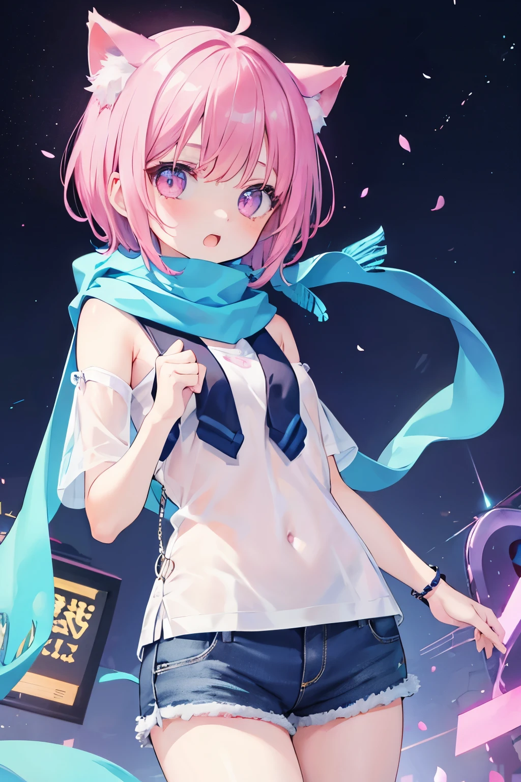 Very beautiful and shining eyes、shining eyes、1 girl、small breasts、big mouth、high school girl、small breasts、Cat ear、Transparent pink short hair、scarf、hot pants、Near future、neon、