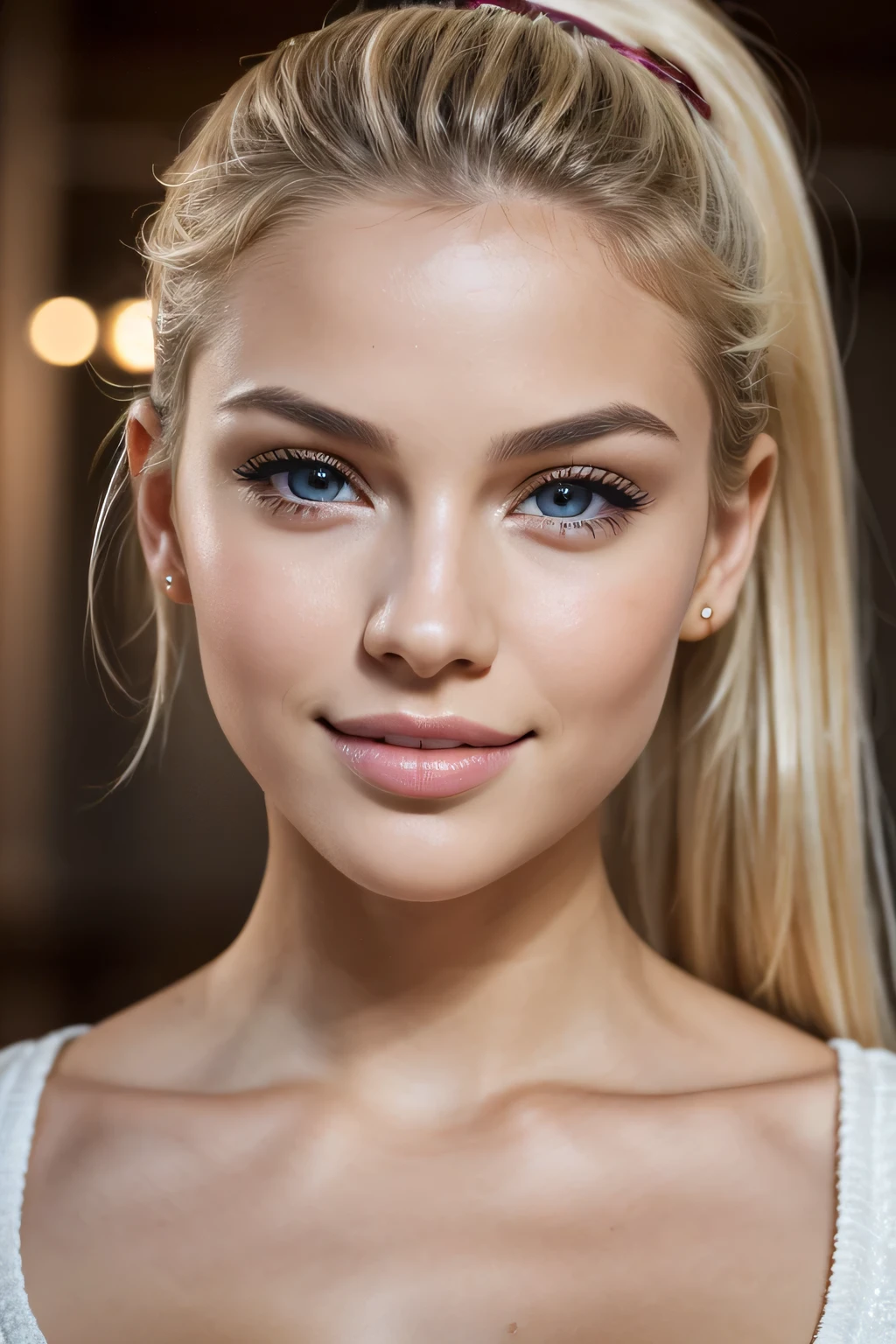 face portrait view perfectly correct facial proportions, smiles seductively , Closeup photo of a young 23 year old beauty, juicy wet lips, whole body, chiseled cheekbones, busty, blonde hair pulled back completely into a ponytail, gray flirty eyes with a slight squint, hyperrealistic skin texture, thin graceful neck., defective skin, снято на камеру CANON EOS RP BODY BLACK. 1.4f, hips, natural light, very detailed, Masterpiece,
